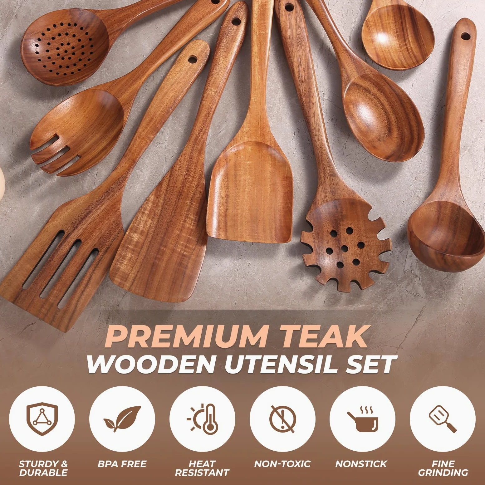 AIUHI Juego de utensilios de cocina de madera de teca, 9 cucharas de madera para cocinar, espátulas de madera para cocinar, antiadherentes, duraderas y resistentes al calor