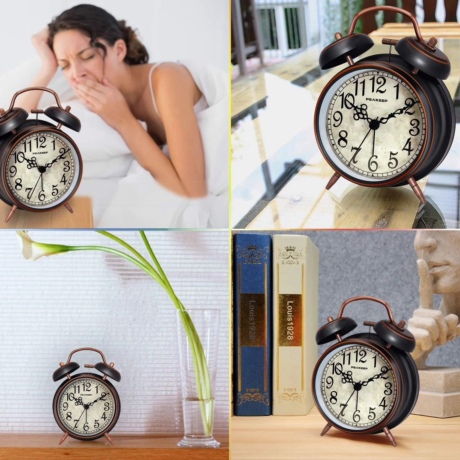 Peakeep Reloj despertador retro de 4.5 pulgadas, funciona con pilas, doble campana (negro con árabe)