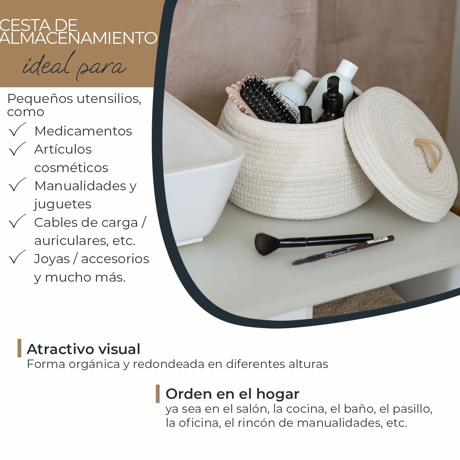 HMF Cesta de almacenamiento redonda para baño, cesta con tapa de algodón, altura 25,5 x 19 cm, color crema