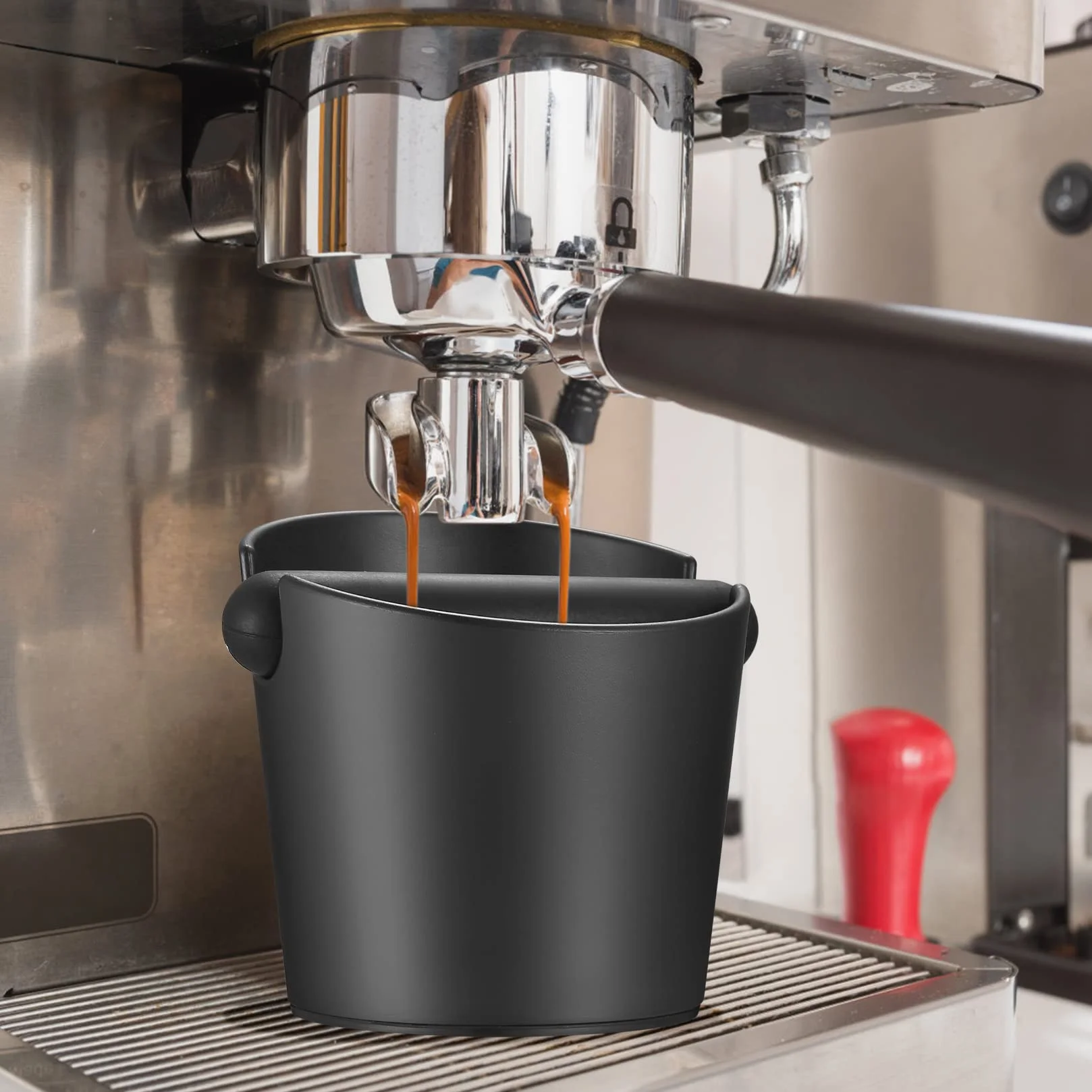 Caja para Posos de Café, Café Knock Box, Café Molido Recipiente, Cajon para Posos de Café Barista Plástico Negro con Barra de Golpe de Metal Extraíble