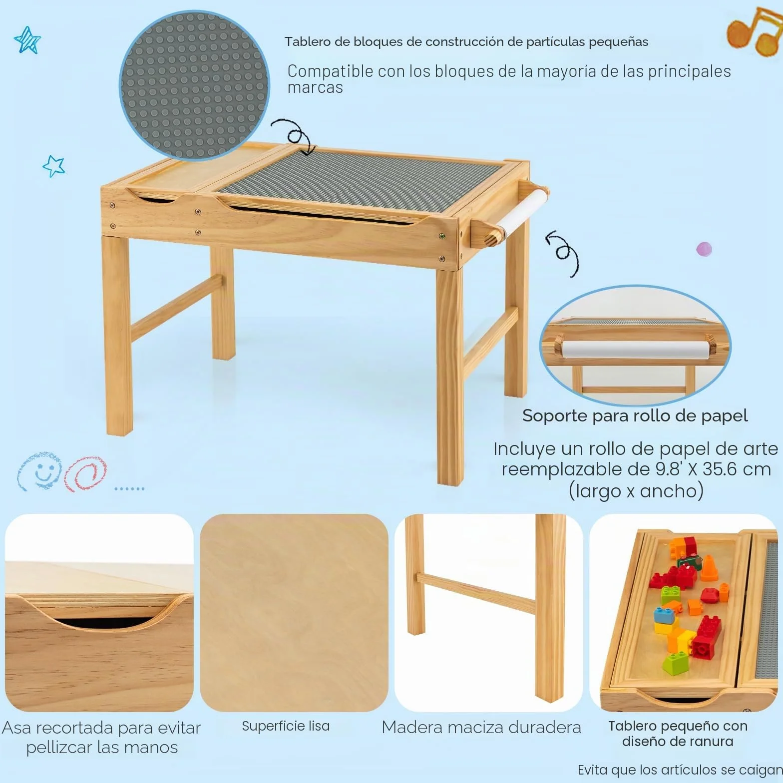 GOPLUS Mesa de Actividades 2 en 1 con Tablero Reversible, Mesa de Construcción para Niños de 3+ Años con Espacio de Almacenaje Clasificado, Mesa de Juego de Madera con Barra Lateral, 86,5X60X57CM