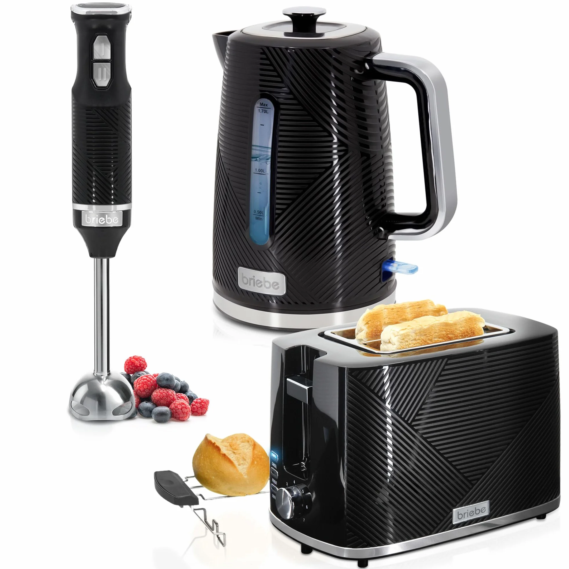 briebe Elegance Set Tostadora Pan 2 Rebanadas, 7 Niveles Tostado + Hervidor Agua Eléctrico 1,7L Inalámbrico, 2200W Libre BPA + Batidora de Mano 600W, 2 Velocidades, Acero Inoxidable, Negro