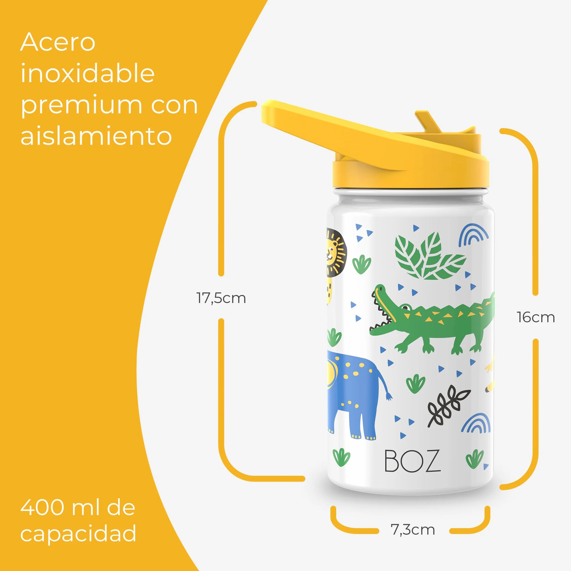 Botella Agua Acero Inoxidable 414 ml Aislamiento Doble Pared Sin BPA Antiderrame con Asa Apta Lavavajillas