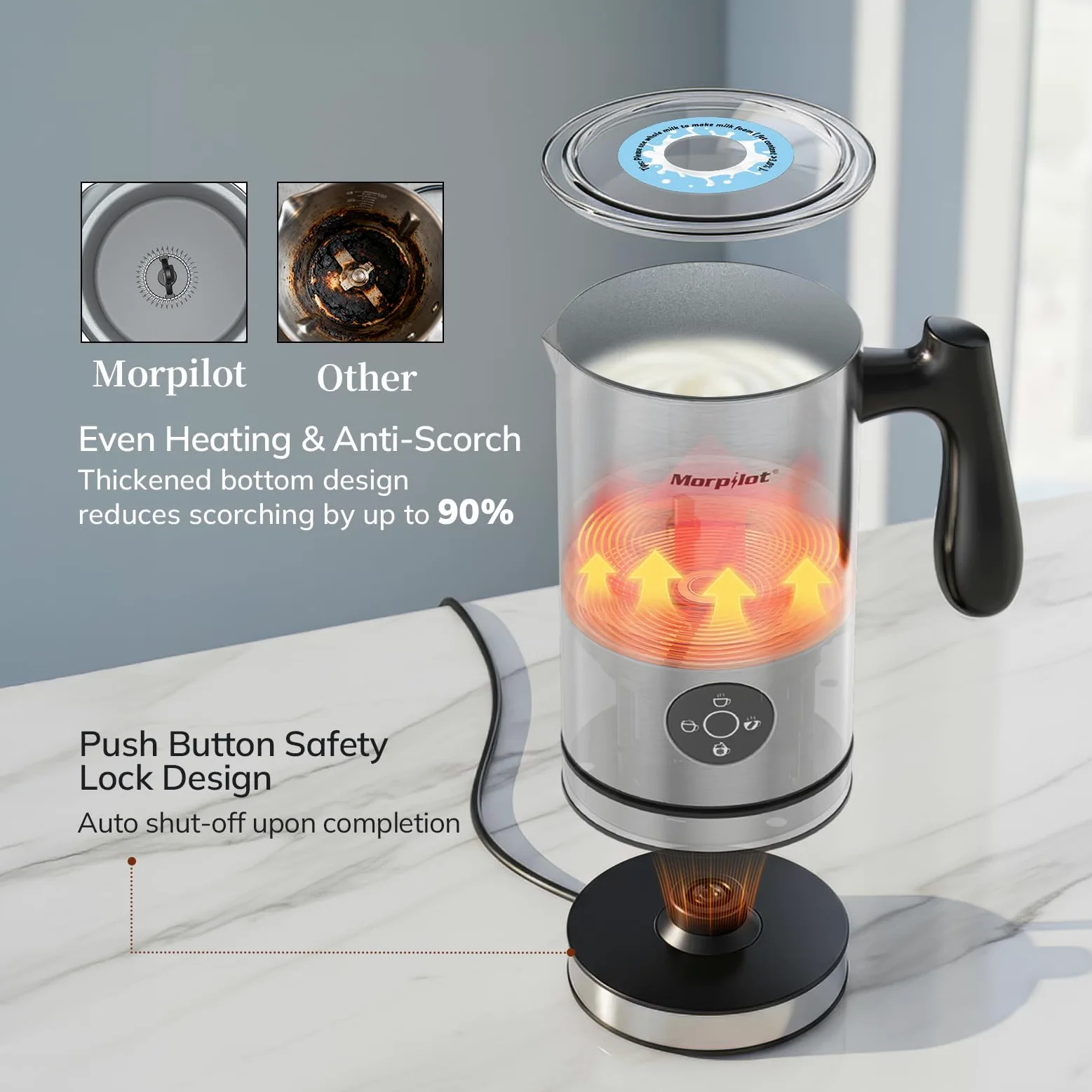 Morpilot Espumador de Leche Eléctrico 4 en 1, para Capuchino y Chocolate Caliente, 300 ml, para Espuma de Leche Caliente y Fría, y Chocolate, Antiadherente, Acero Inoxidable