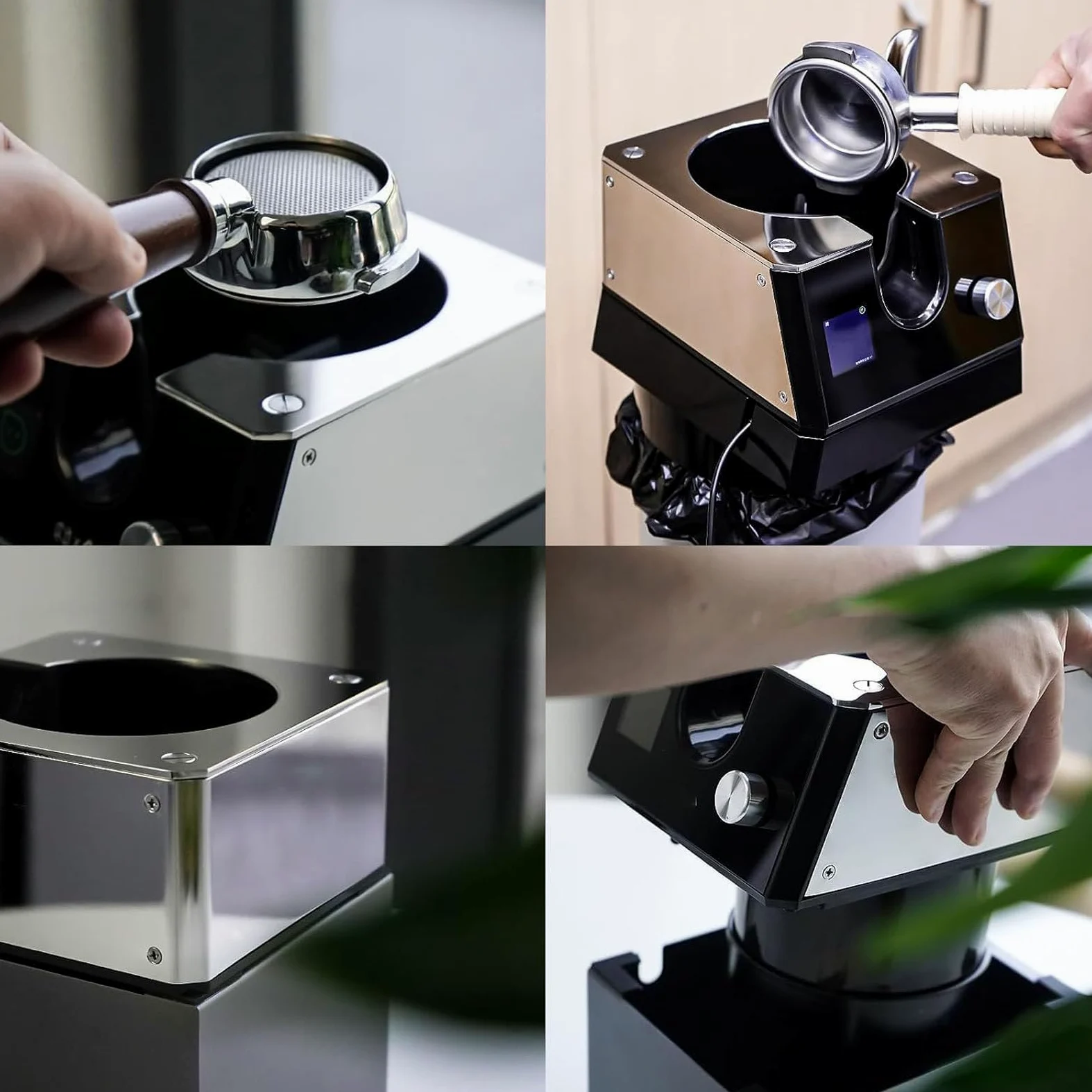 Limpiador automático de portafiltros con cabezales de cepillo intercambiables, compatible con portafiltros de espresso estándar para uso de baristas. Flujo de trabajo de espresso más rápido 220V