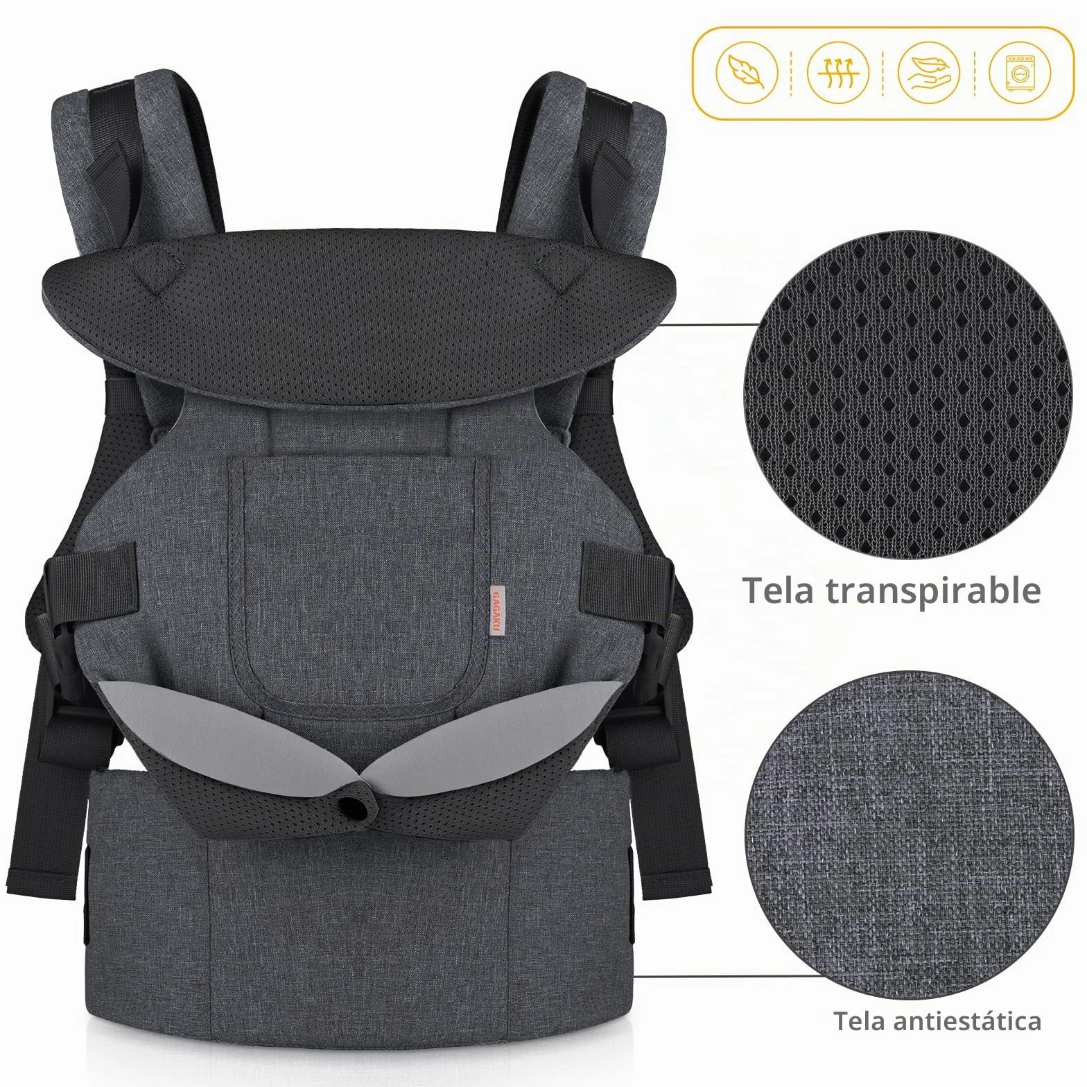 GAGAKU Mochila Portabebés 4 en 1 Ergonómica 0-36 meses Negro Gris Oscuro