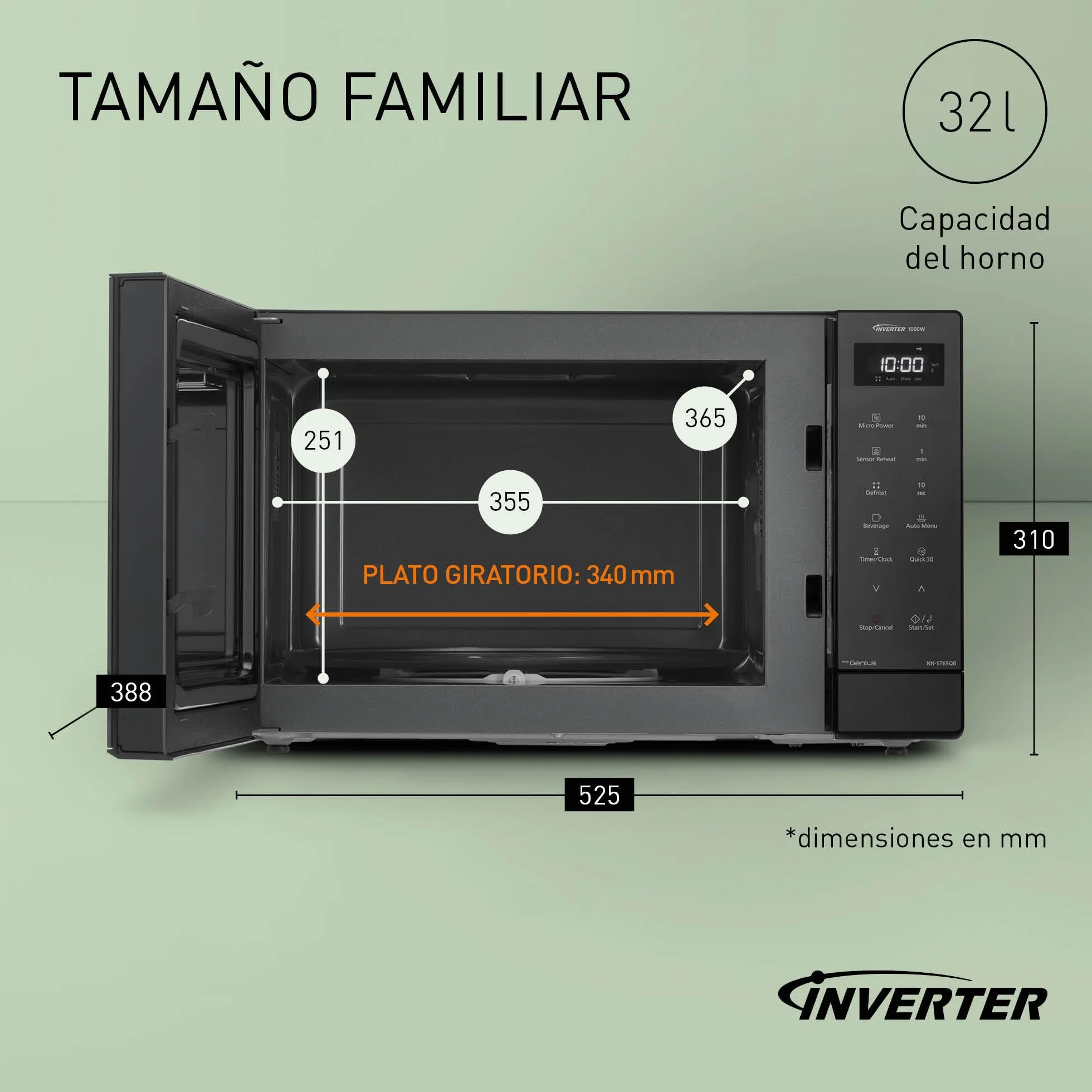 Panasonic NN-ST65QBEPG Microondas Solo Inverter 32L, 1000 Vatios Potencia, Tecnología Genius Sensor, 20 Programas Auto, Función Quick 30, Control Táctil, Plato Giratorio Grande, Negro