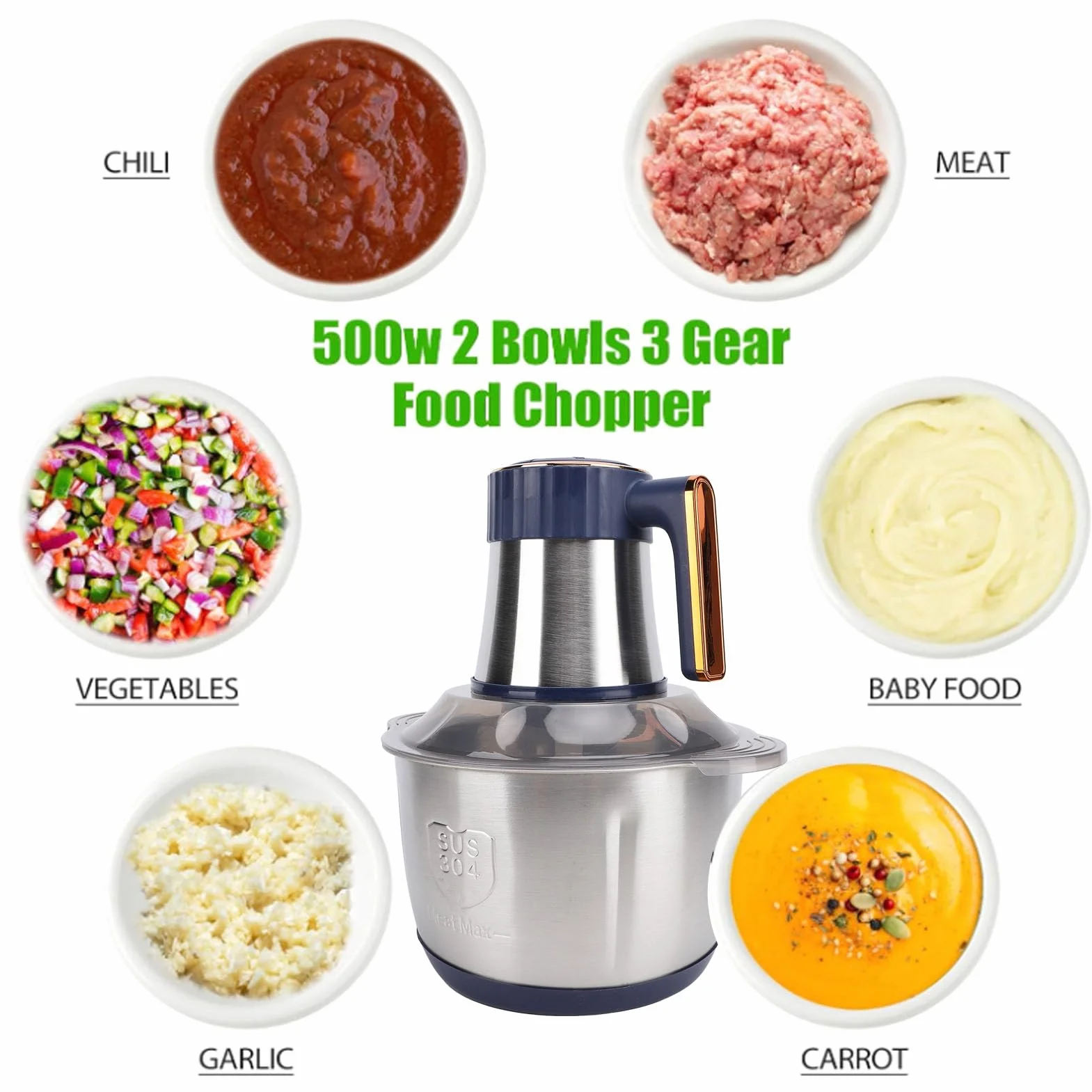 Procesador de Alimentos, 500W 5L Picadora de Alimentos Picadora de Carne Eléctrica Multifuncional Picadora de Verduras Profesional para Picar, Cortar en Cubitos, Triturar