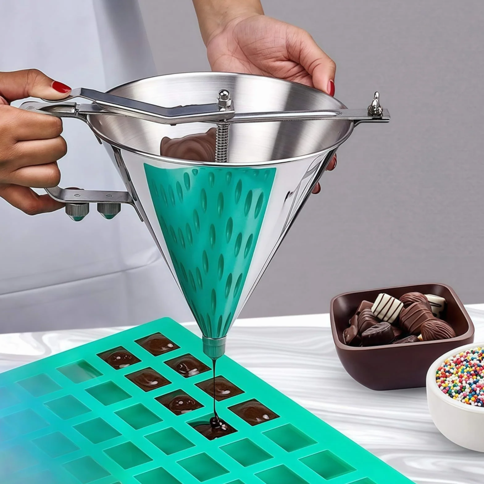 Dispensador de masa para tortitas de acero inoxidable, 1800 ml, con 3 boquillas, embudo de gran capacidad para magdalenas y salsas, dosificación precisa para cocina y panadería, plata