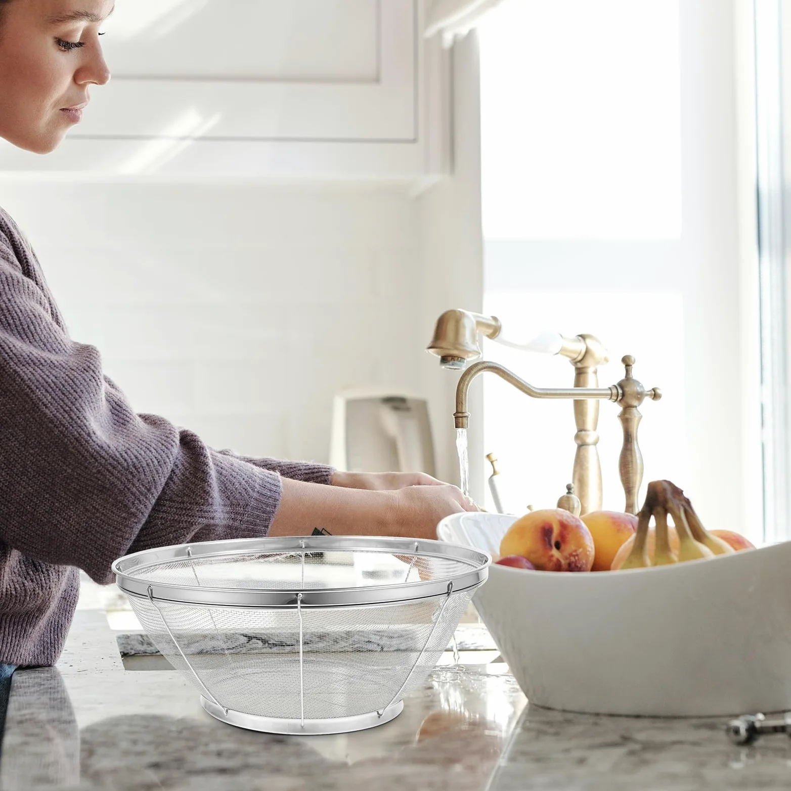 jojofuny Coladores de Cocina de Acero Inoxidable 5 Piezas Malla Fina Redonda Resistentes a Deformación para Lavar Frutas y Arroz en Cocina