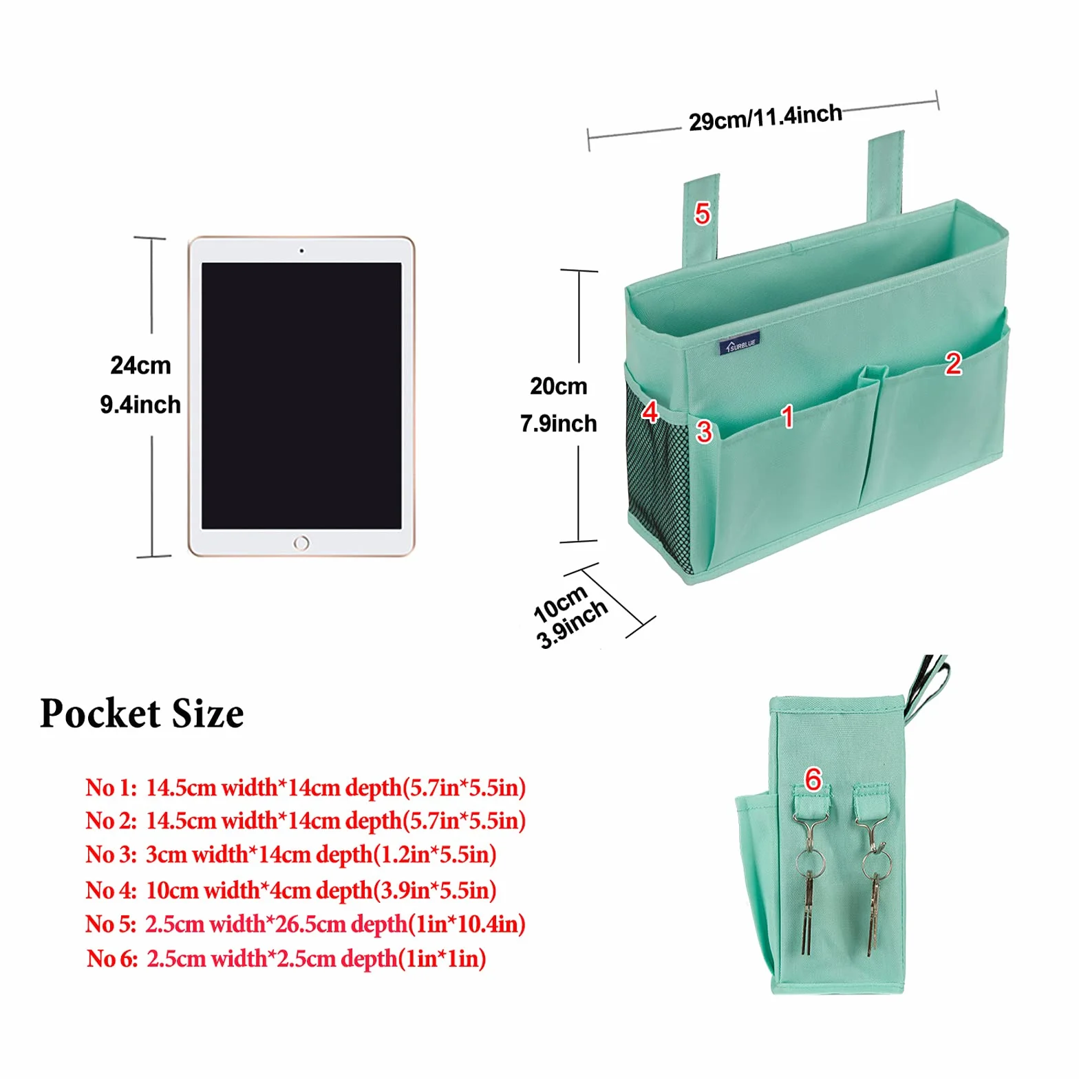 Surblue Bedside Caddy Colgante Bolsa de Almacenamiento 4 bolsillos 2 ganchos Verde