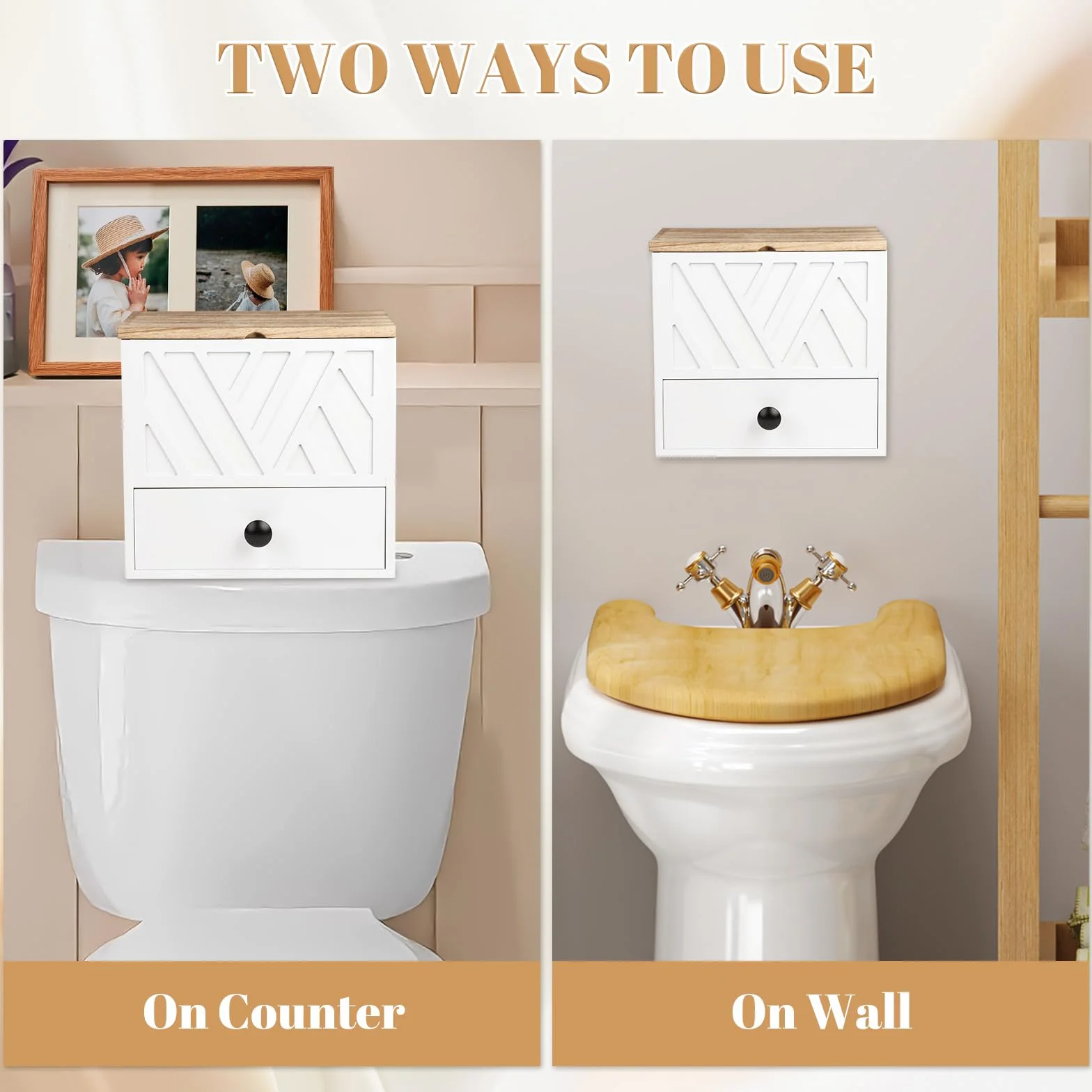 3 Compartimentos Caja Organizadora Compresas, Guarda Compresas y Tampones con Tapa Diseño Cajones para Salvaslips de Madera, para Artículos de Higiene Íntima para Niñas, Mujeres y Señoritas (Blanco)