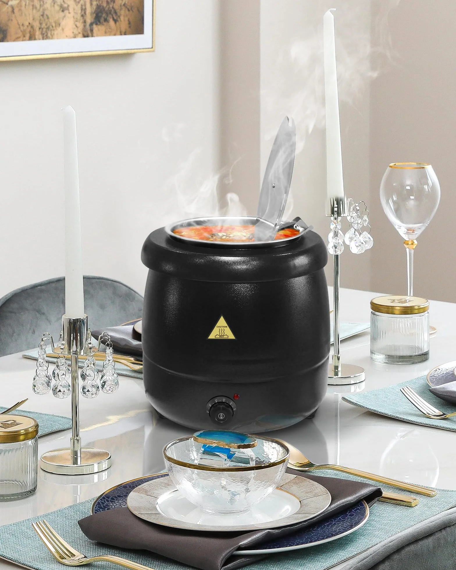 Olla Eléctrica hasta 10L, Hervidor de Sopa con Tapa abatible e Interior extraíble de Acero Inoxidable hasta 80°C para reuniones en casa, Fiestas, restaurantes y cafeterías Calentador de Sopa