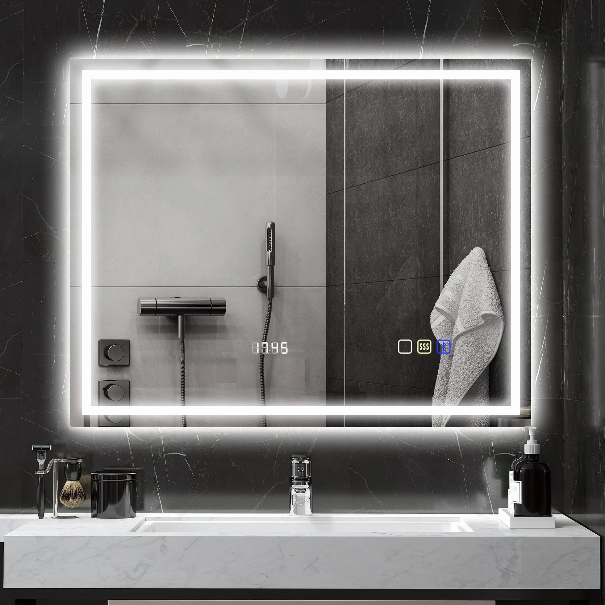 HOMCOM Espejo de baño con iluminación, 100 x 80 cm, espejo de pared LED con función de música Bluetooth, función de memoria, reloj, 3 colores de luz, antivaho, espejo de luz con interruptor táctil