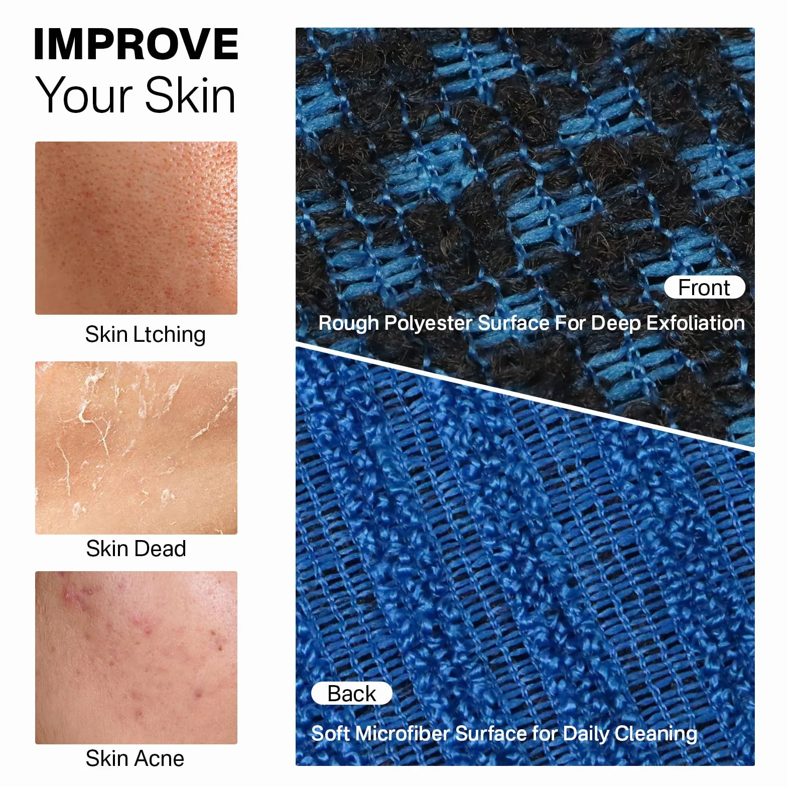 Yiclick Toalla exfoliante de doble tamaño, exfoliante corporal, paño de esponja de lufa, trapo de esponja coreana y japonesa, lavadora de espalda para uso en la ducha y baño (azul)