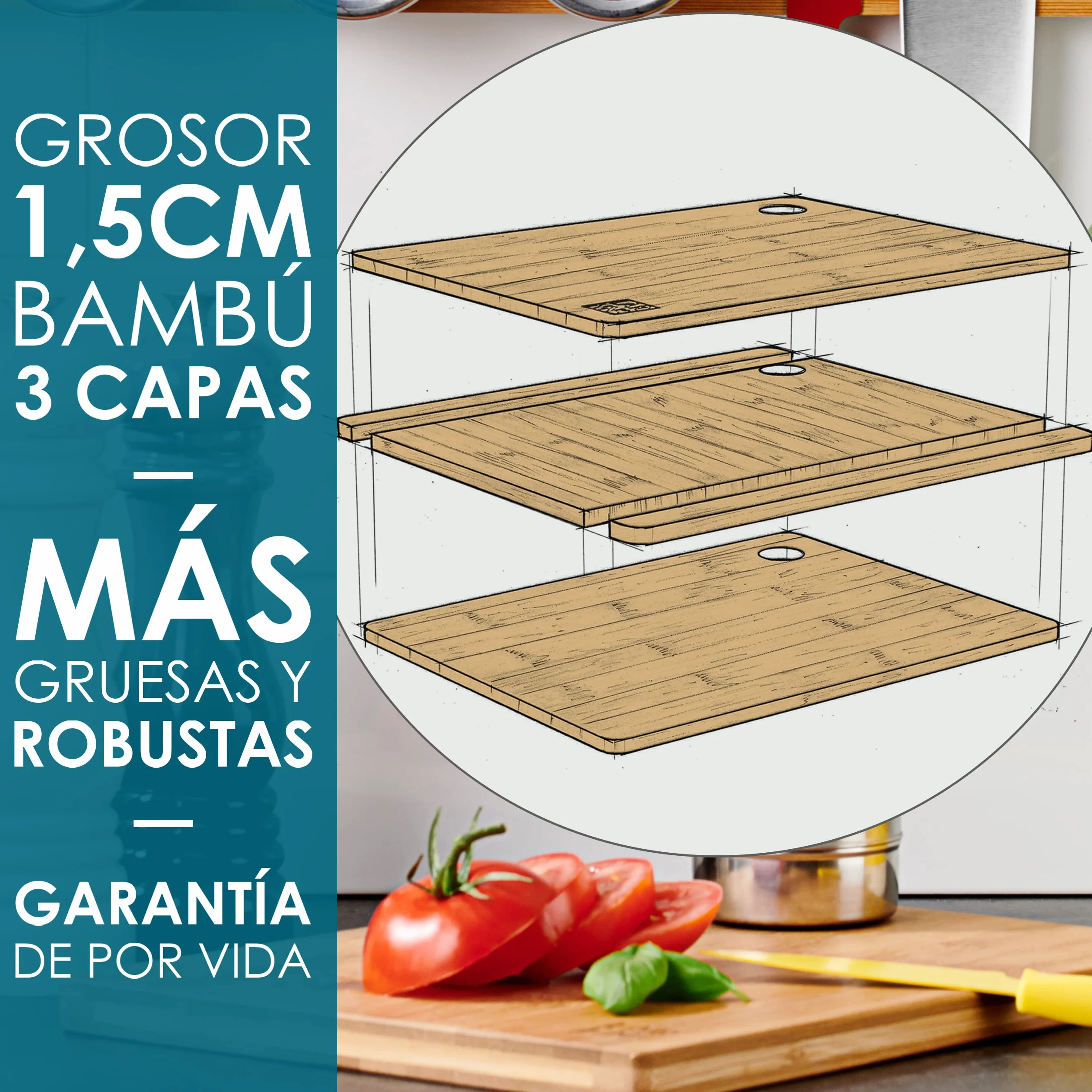 LARHN. Tablas de Cortar Cocina en Madera de Bambú – 3 Tablas Extra Gruesas 1,5 cm – Tabla de Cocina 33x22 / 28x22 / 22x15 cm – Resistentes, Fáciles de Limpiar y Respetuosas con los Cuchillos