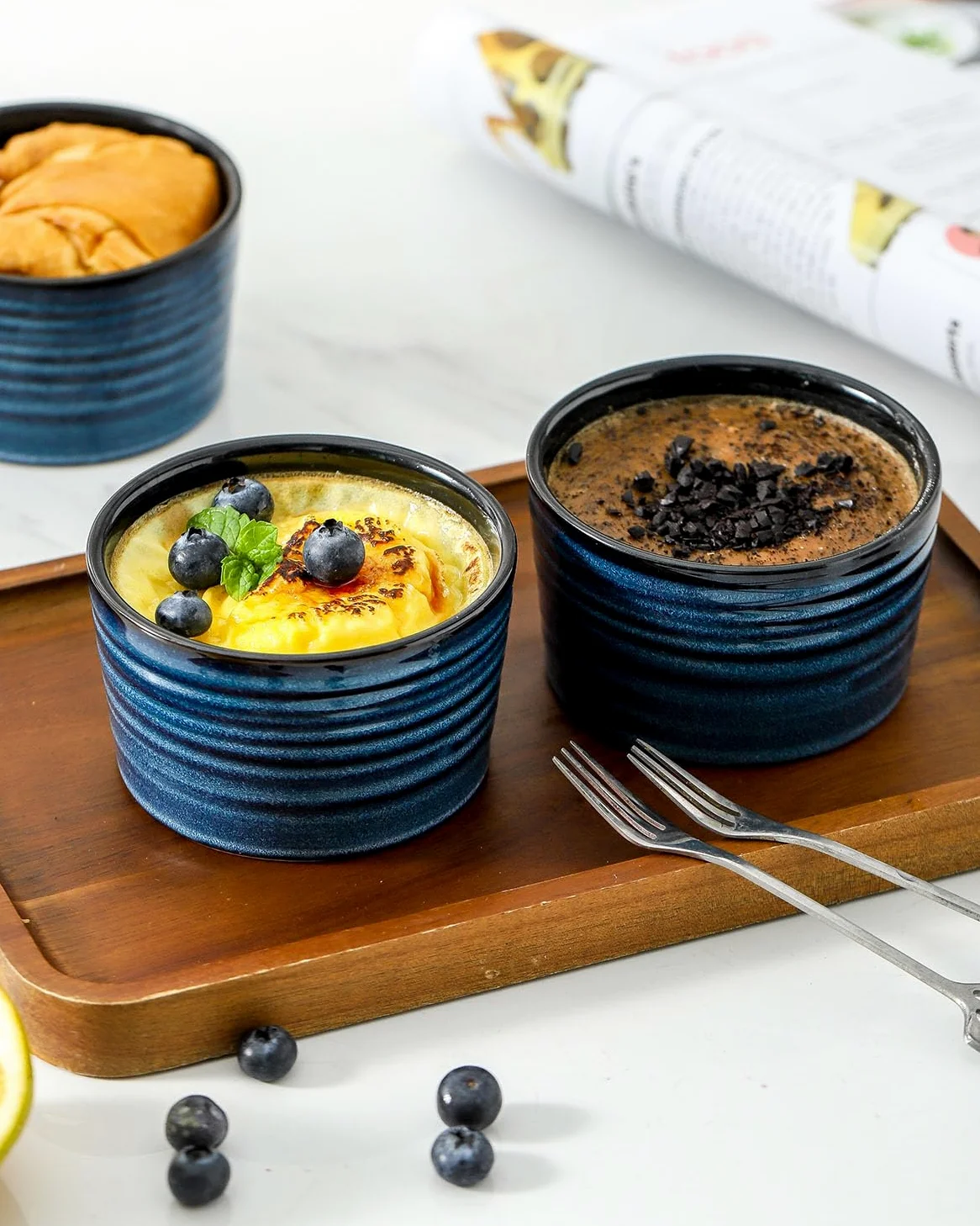 glowworm Ramequines de 8 onzas para soufflé de crema brulee, tazas de porcelana para hornear, cuencos de ramequines de estilo moderno aptos para horno, juego de 6, azul