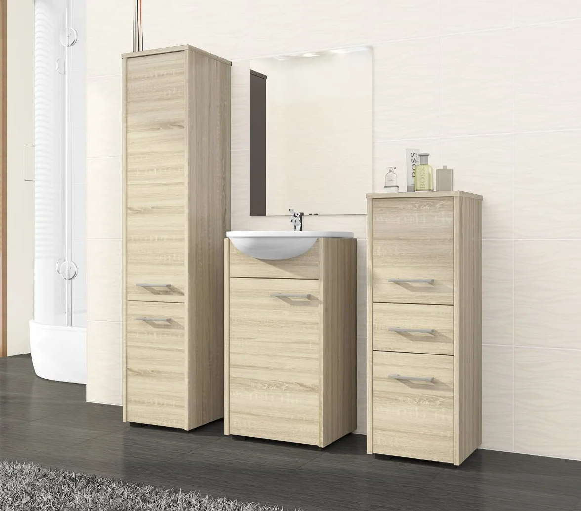 AKORD | Armario Alto de Baño | Cómoda de Baño | Fin 2P, 2 Puertas (Superior e Inferior) | A30 x H140 x F30 cm | 25 kg | Armario Colgante o para Montaje en Pared | Roble Sonoma