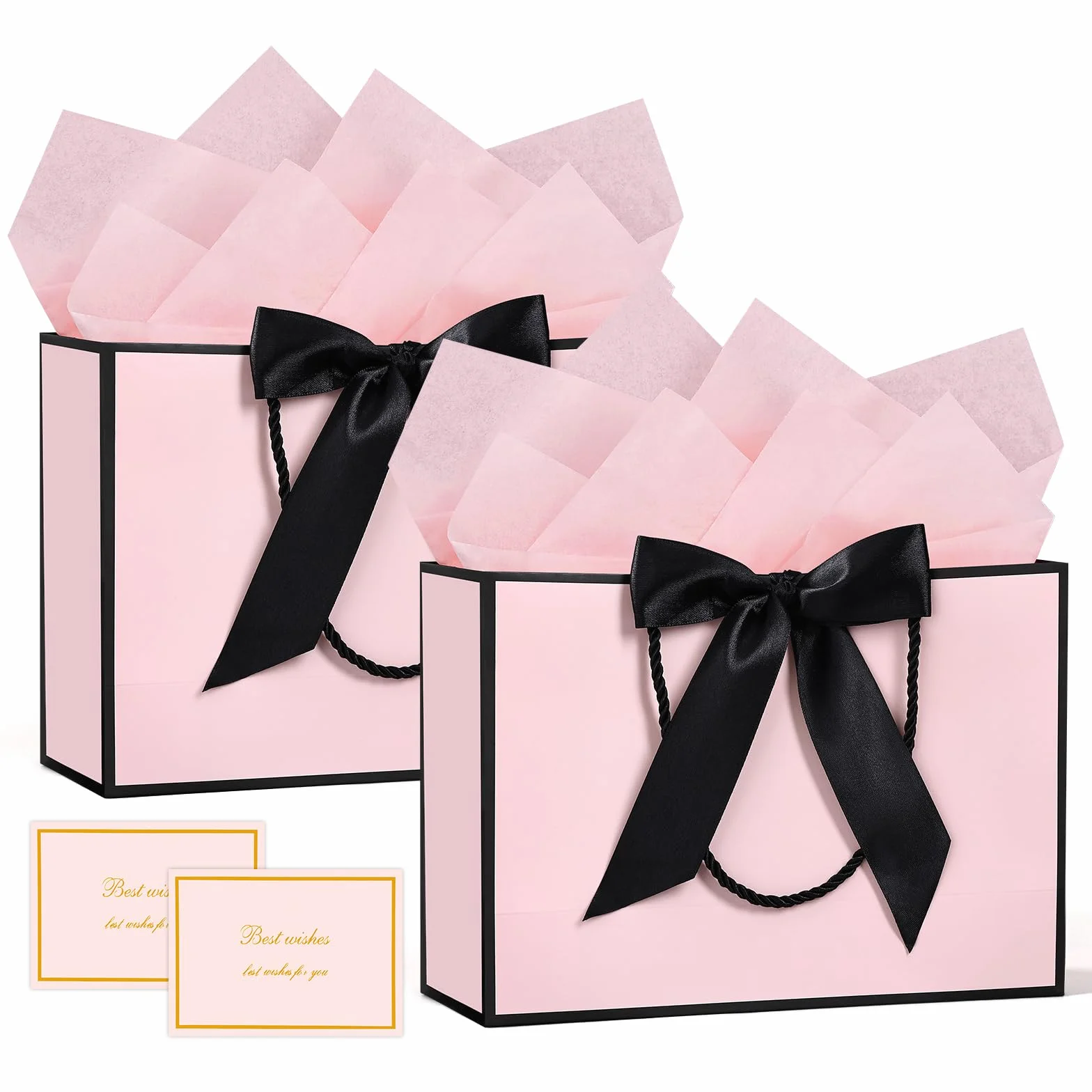 BBLIKE bolsas de regalo con asa - 2 bolsas de regalo + 2 tarjetas de felicitación + 4 papel Sydney, bolsas de papel con asa, envoltorio para regalos, cumpleaños (Rosa Borde Negro)