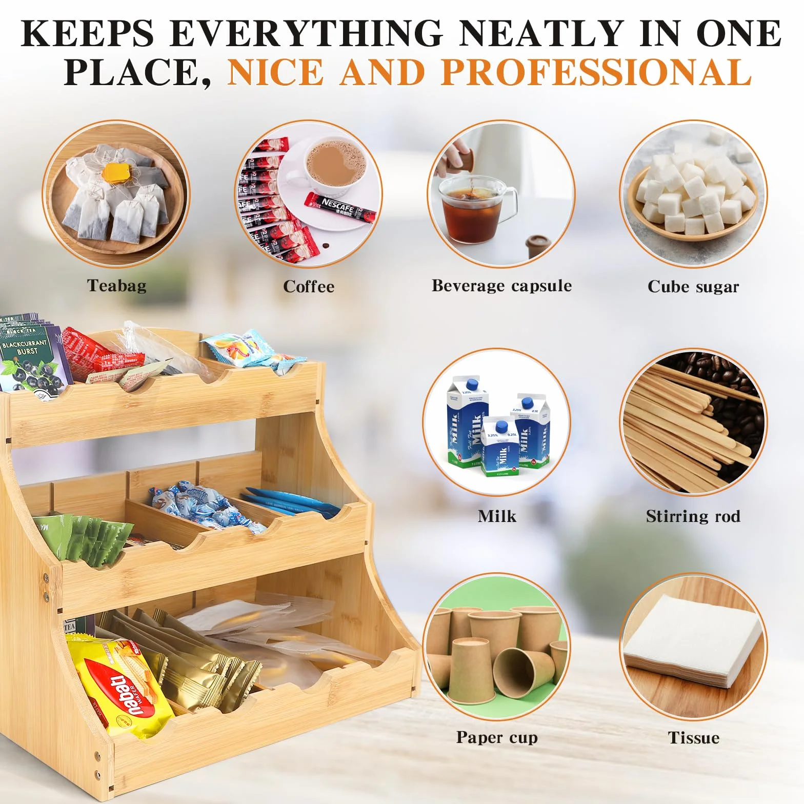 EFUTURETIME Organizador de Bolsitas de Té de Pie de Bambú, 30,7 x 25 x 20,5 cm, Estante de Té Vertical de Madera con 12 Compartimentos Ajustables, para Paquetes de Té, Café, Azúcar y Agitadores