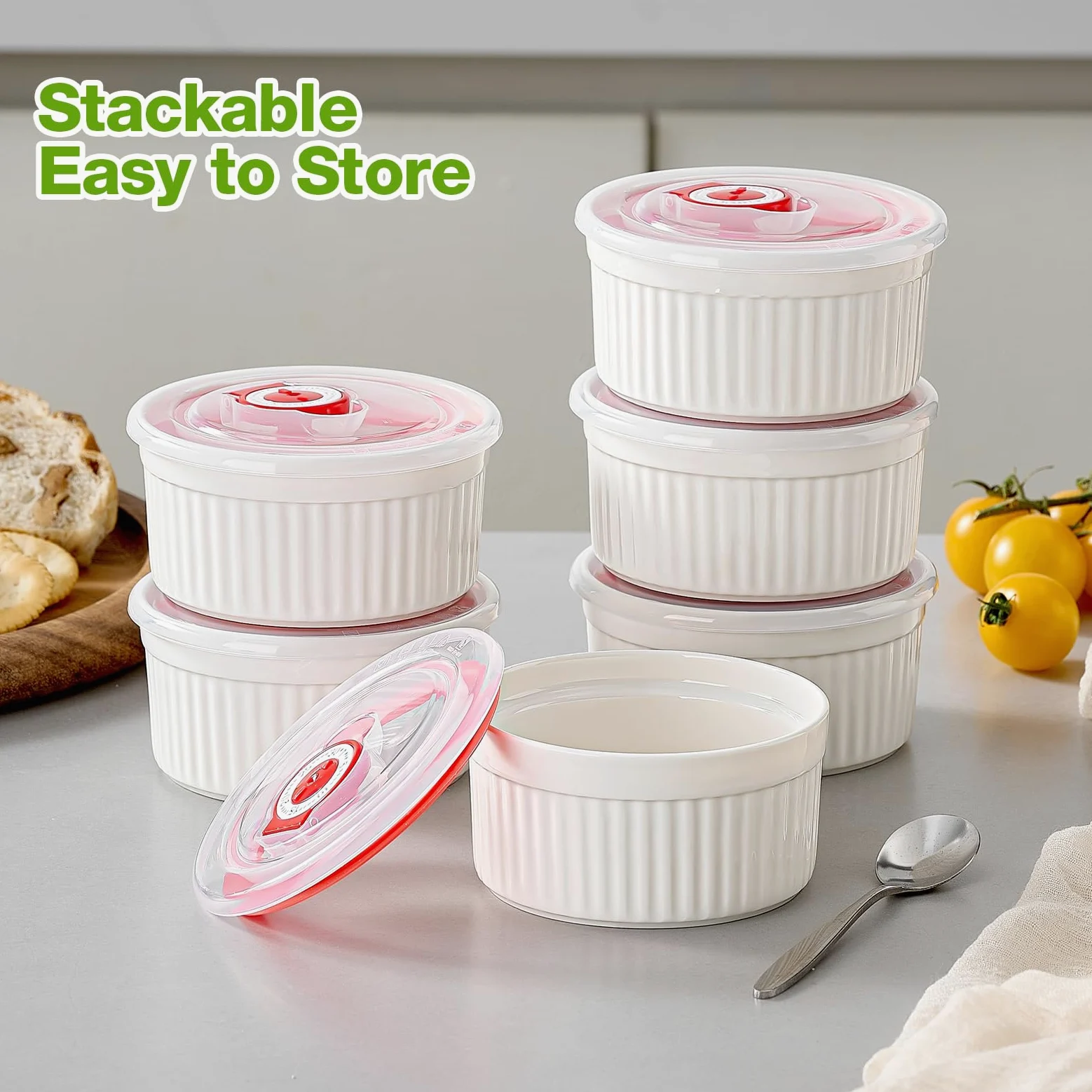 Mfacoy Ramequines con tapas, juego de 6 ramequines de porcelana de 8 onzas con cubiertas, tazas de natillas de pudín blanco para hornear, cuencos pequeños para salsas, postres, lavavajillas y horno