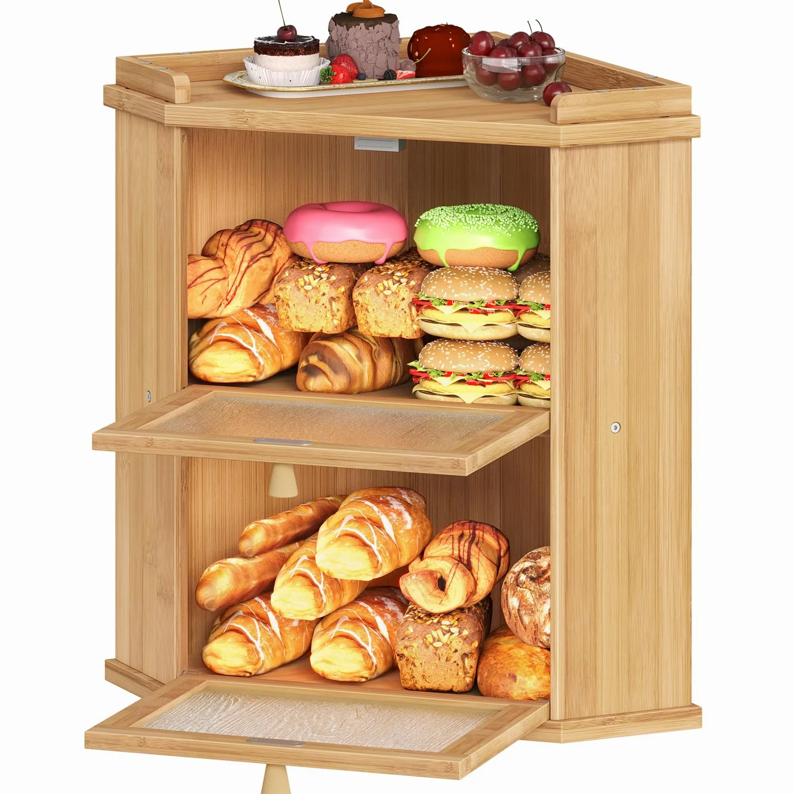 HOOBRO Panera, Caja para Pan de Bambú, Doble Nivel, con Compartimento Superior, para Cocina y Comedor, 32 x 32 x 44 cm, Natural EYL19MB01