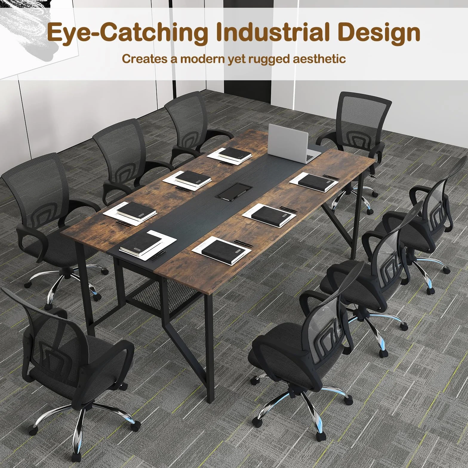 GIANTEX Mesa de Conferencia Rectangular, Mesa de Reuniones Grande con Pasacables y Estante de Almacenamiento, Estructura de Metal, 180 x 96 x 76 cm, para Oficina, Casa