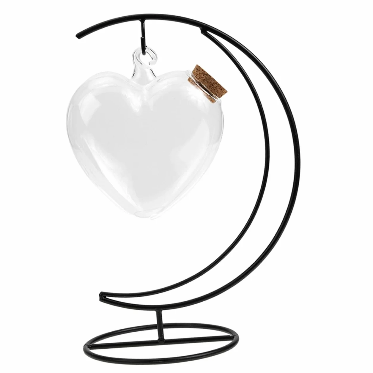 Botella de Vidrio Decorativa Forma de Corazón Colgante con Soporte de Hierro y Tapón de Corcho Frasco para Deseos y Paisajes Multifuncional para Decoración de Interiores