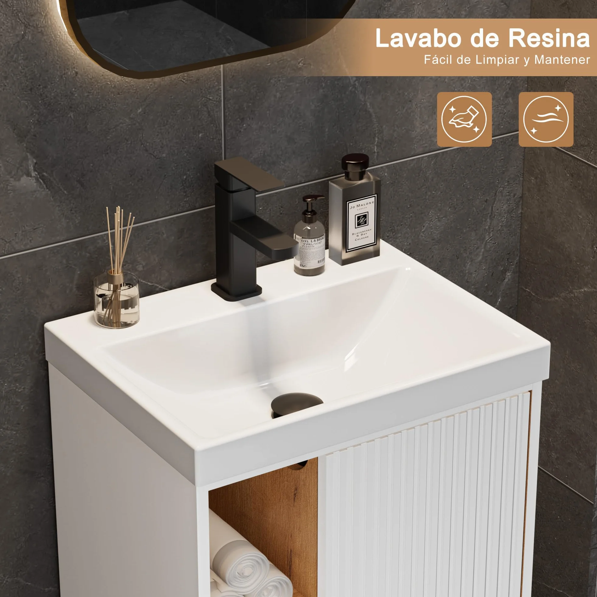 UEV Mueble de Baño con Lavabo de Resina y Grifo en el Centro, Mueble de Baño Suspendido con Diseño único y Práctico, Motivo de Rayas Verticales, 49 x 37 x 50 cm, Blanco