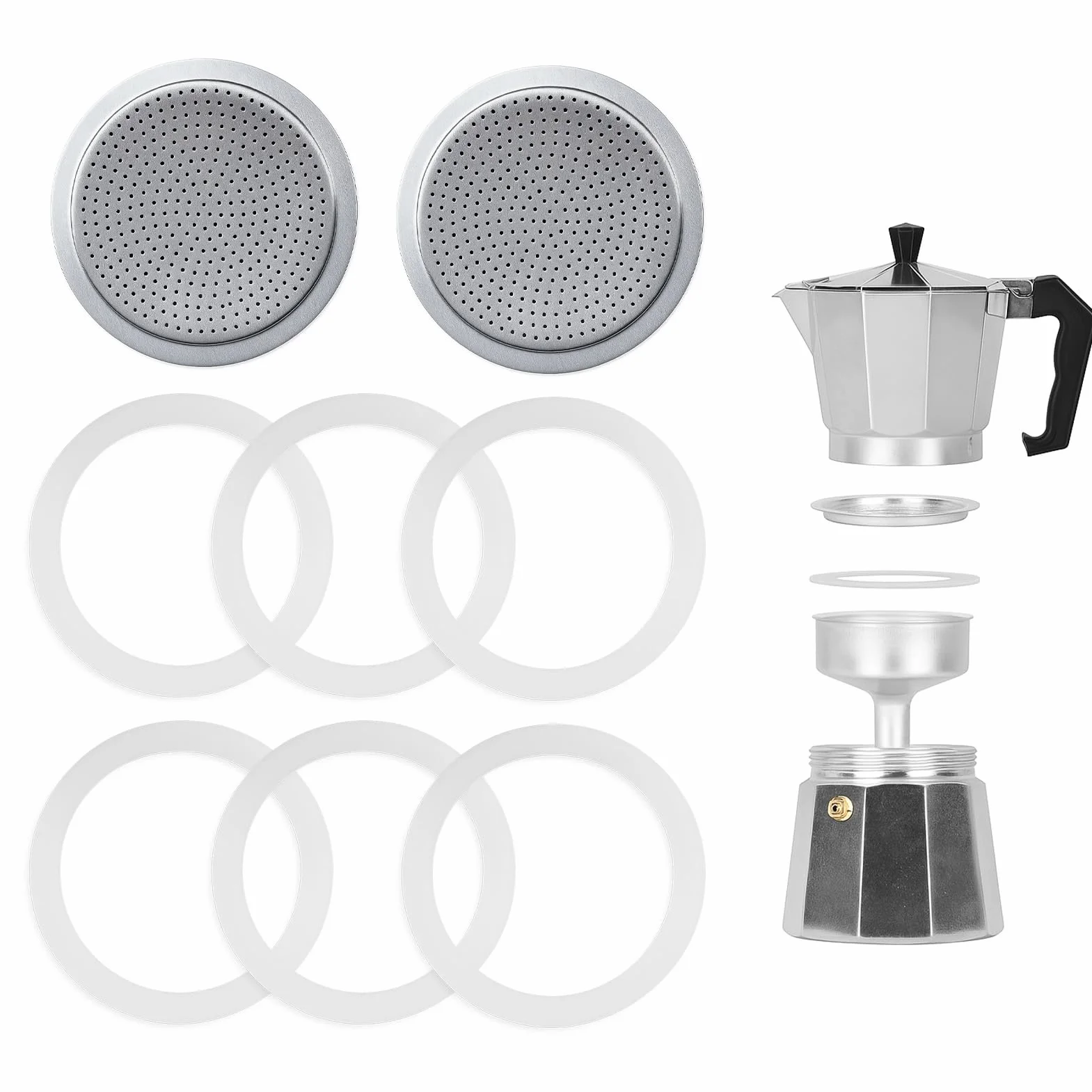 6 juntas de sellado para cafetera espresso, 6 tazas, junta de repuesto de silicona para cafetera espresso, con 2 piezas de filtro de aluminio, anillos de sellado para aluminio cafeteras