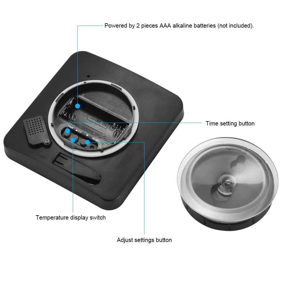 ALLOMN Reloj de Baño, LCD Reloj de Ducha Digital Alarma Impermeable Control Táctil Hum / ℉ Temperatura Humedad, Temporizador de Cuenta Regresiva, 3 Métodos de Montaje, Energía de la Batería (Negro)