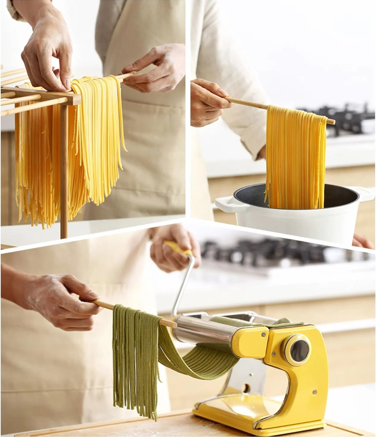 Secador de Pasta, Rejilla de Secado de Pasta de Madera Plegable Madera de Haya Natural, con Asas de 8 Barras Rejilla de Secadora Colgante de Espagueti, para Restaurante Hoga
