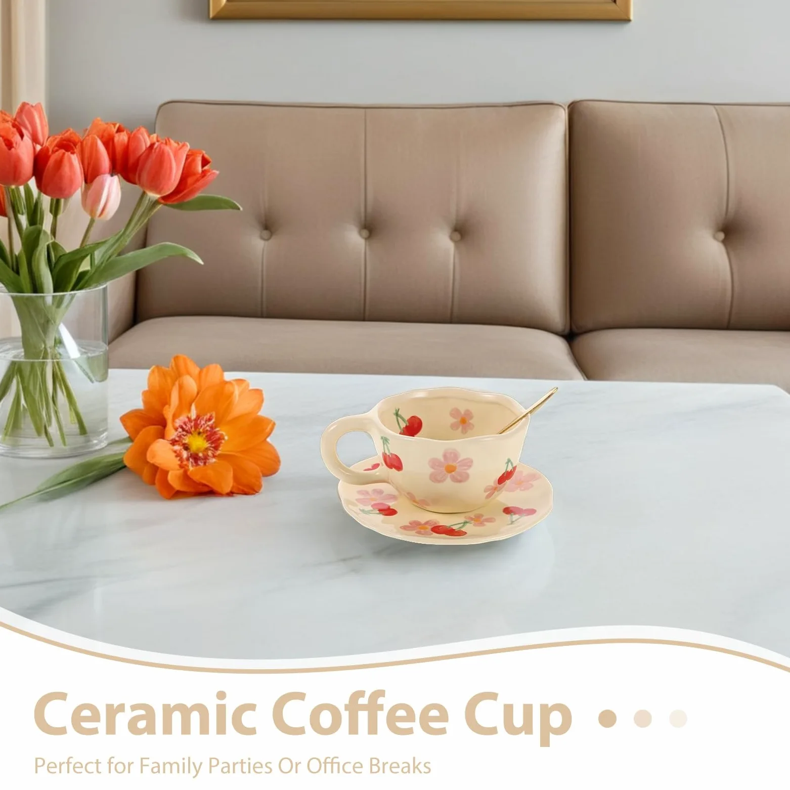 Juego de Taza de Café Adecuado para Reuniones Familiares y Descansos en Oficina de Cerámica Rosa con Platillo y Cuchara, Diseño Único Resistente que Previene Manchas