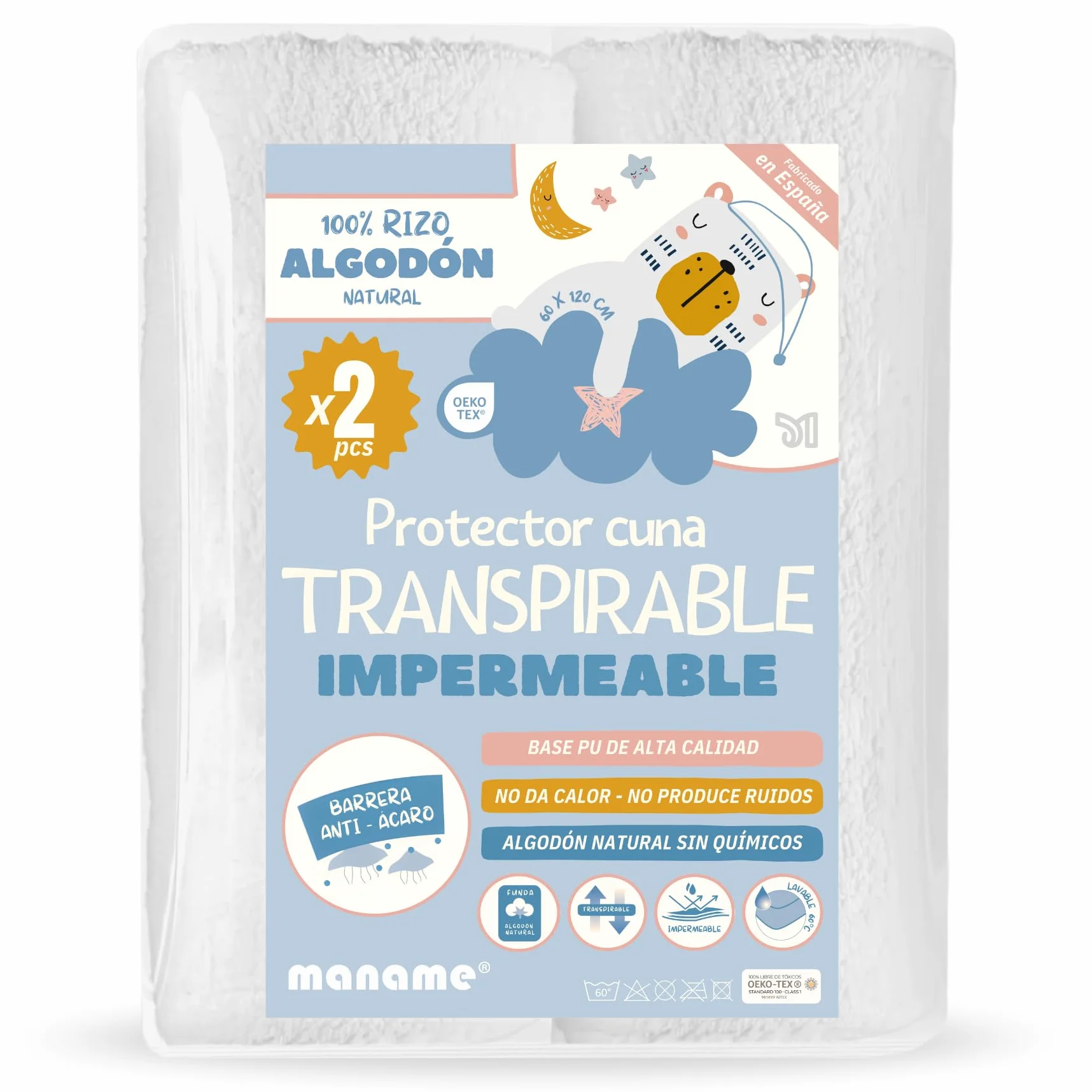 2 Protectores Colchón Cuna 100% Algodón 60x120 Impermeable Transpirable Antiácaros – Protector Cubre Colchon Cuna Ajustable Certificado OekoTEX y BI-OME® Technology- Funda Protectora Hecha En España