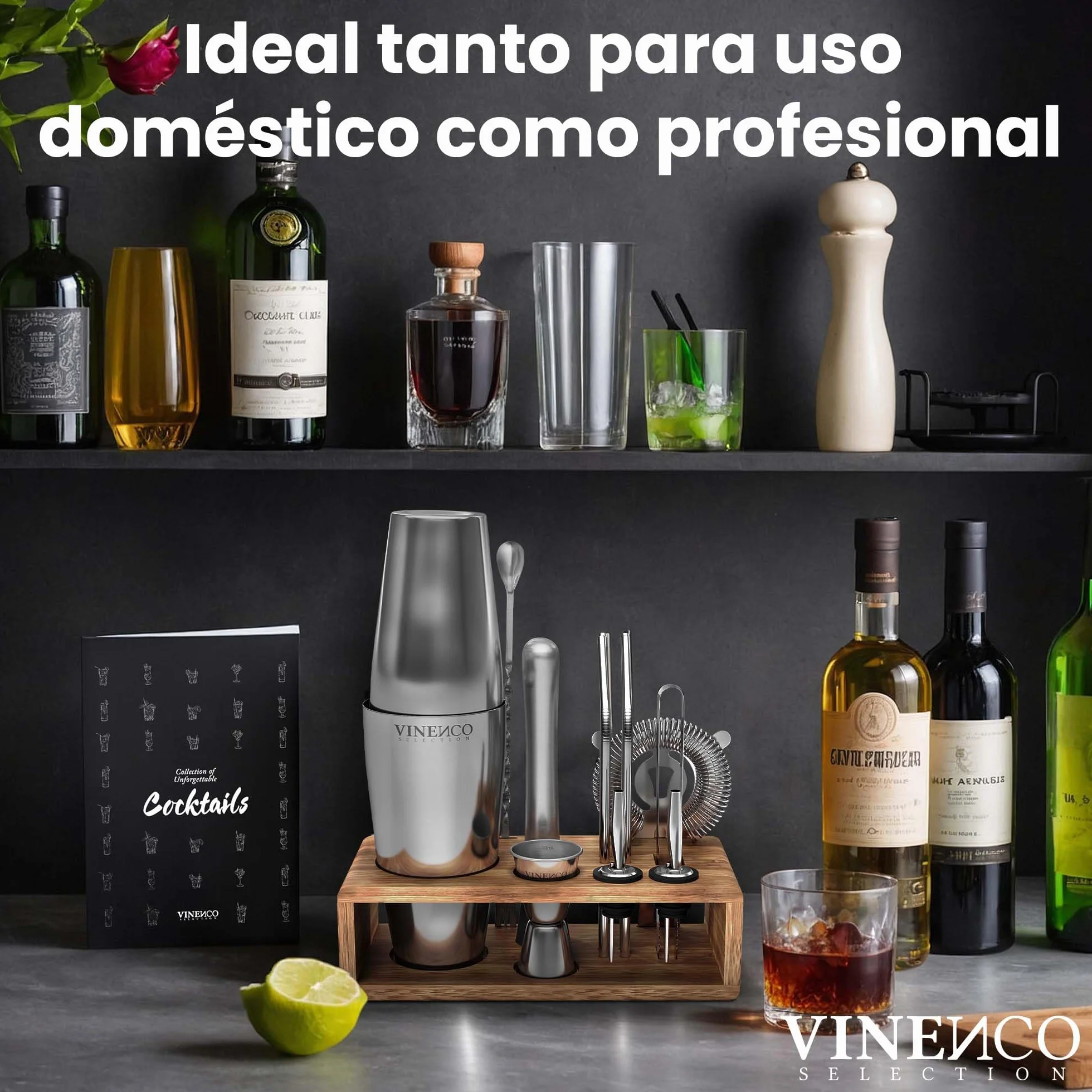 Coctelera Coctéles con Soporte Boston y Accesorios Profesional + Cóctel Recetas: Juego Coctelería de Calidad | Cocktail Shaker Set Fiesta Bar Kit: Martini Gin Tonic Mojito, Caja Regalo Mujer Hombre