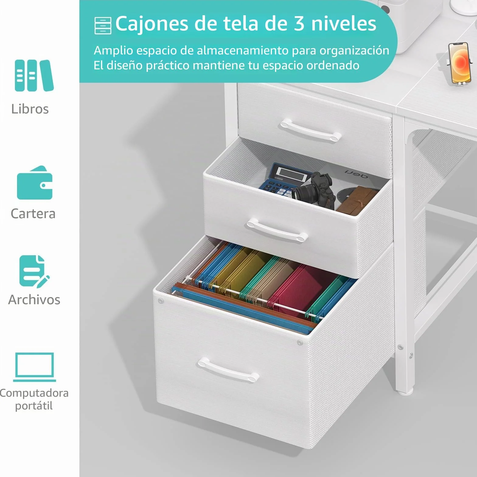 Lufeiya Mesa Escritorio Blanco con 3 Cajones Mesa Escritorio Ordenador Pequeña 120CM para Oficinas Gaming Nña Juveniles
