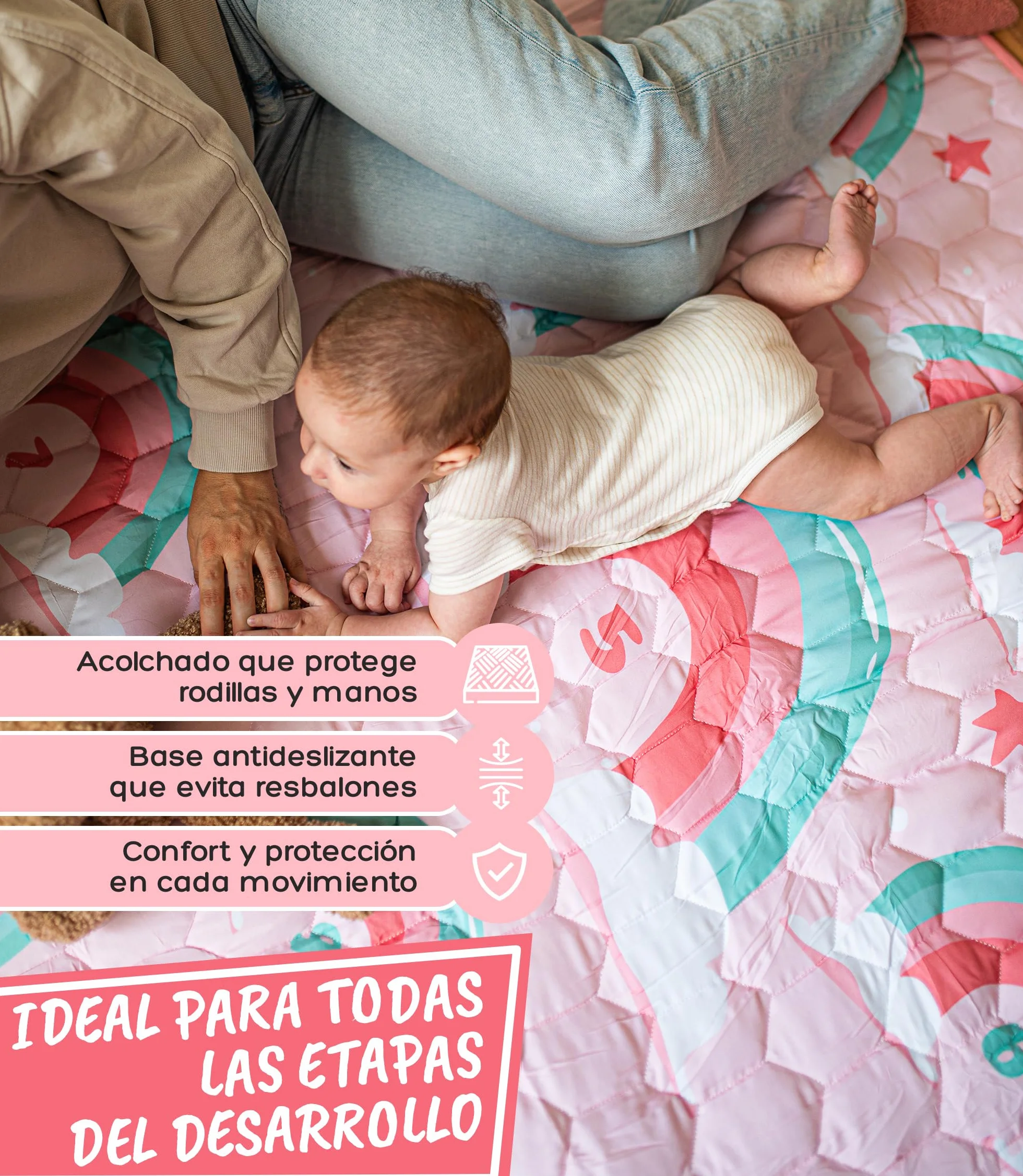 Alfombra Bebe Acolchada 120x120 cm Plegable Antideslizante y Lavable Juegos y Gateo para Suelo Tapete Suave Actividades Montessori Estimulacion Sensorial Infantil Valbabycare