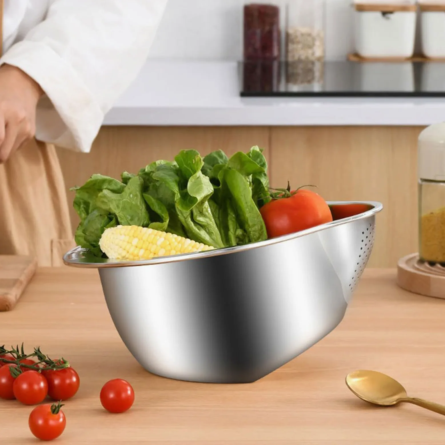 Cuenco Colador para Lavar Arroz Set de Colador de Fondo Inclinado | con Escurridor Lateral y Fondo Inclinado para Remojar Arroz para Cocina Restaurante Verduras Frutas Jengibre Cebolleta