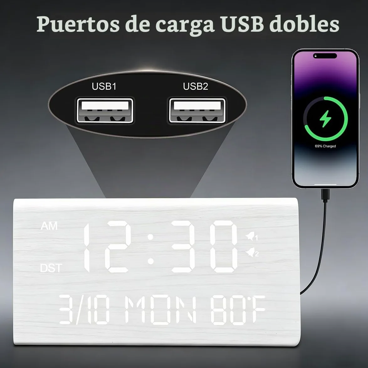 Kogonee Reloj despertador digital de madera, 0100% de brillo y volumen, detección de temperatura, fecha, modo de día de semanafin de semana, doble alarma, 9 minutos de repetición, 1224H, reloj LED