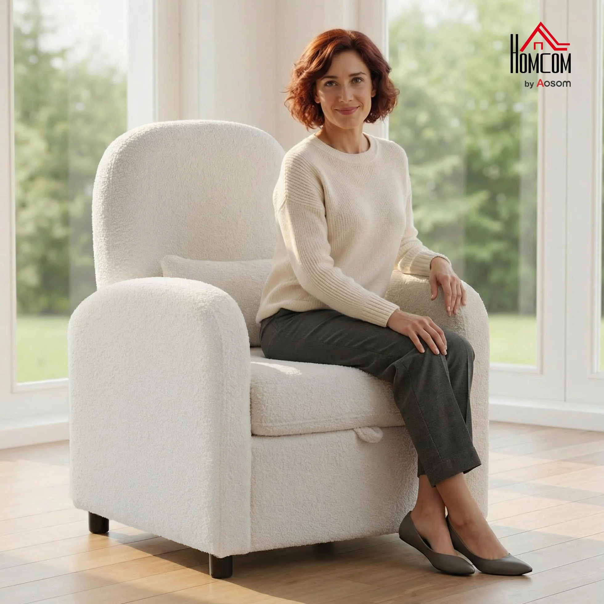 HOMCOM Sillón de salón acolchado con almacenamiento oculto, respaldo alto, sillón moderno con reposabrazos, cojín lumbar y asiento ancho, de terciopelo de peluche, para dormitorio y salón, color crema