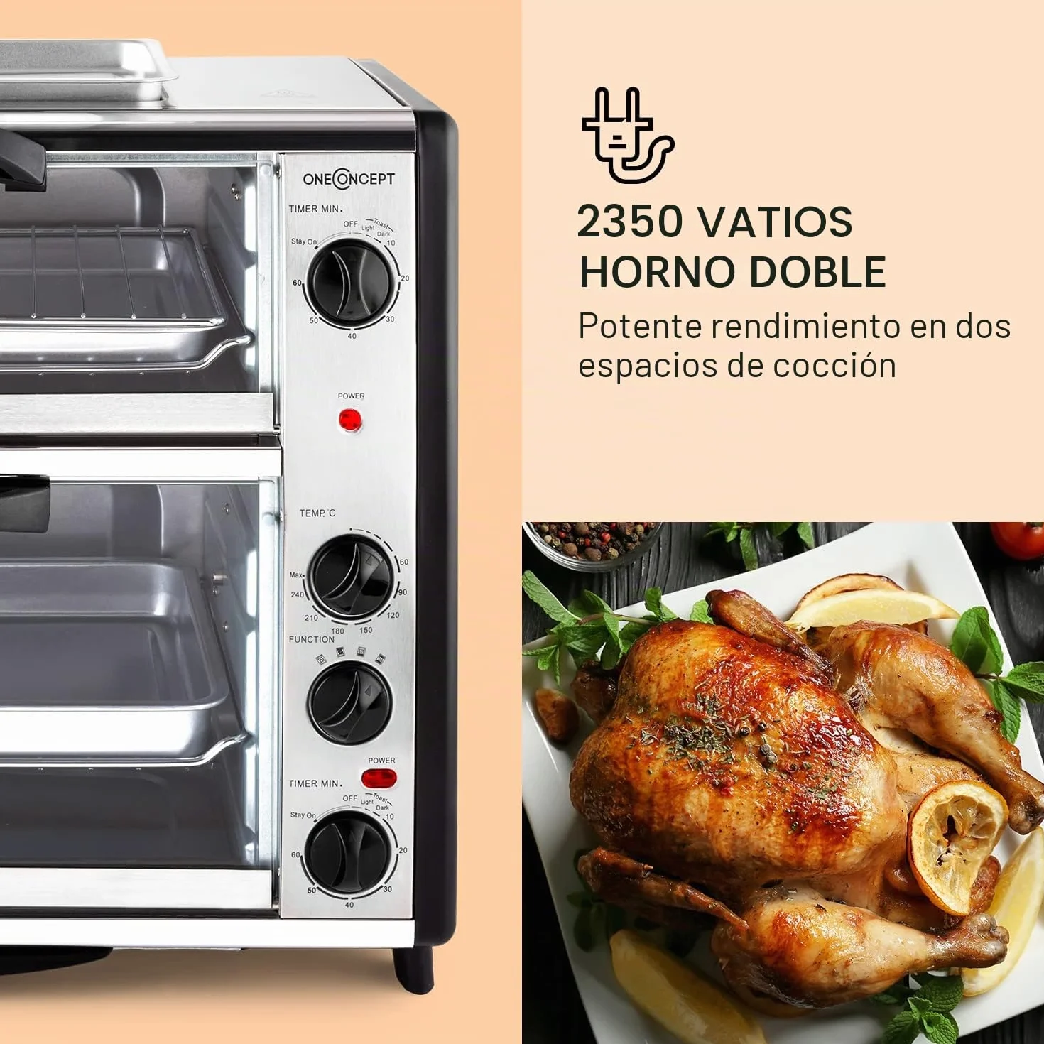 oneConcept All-You-Can-Eat Horno eléctrico doble - 2 cámaras de cocción, Parrilla superior, Capacidad Total 42 L, 2400 W, Temperatura: 60-240°C, Temporizador, Acero inoxidable, Plateado