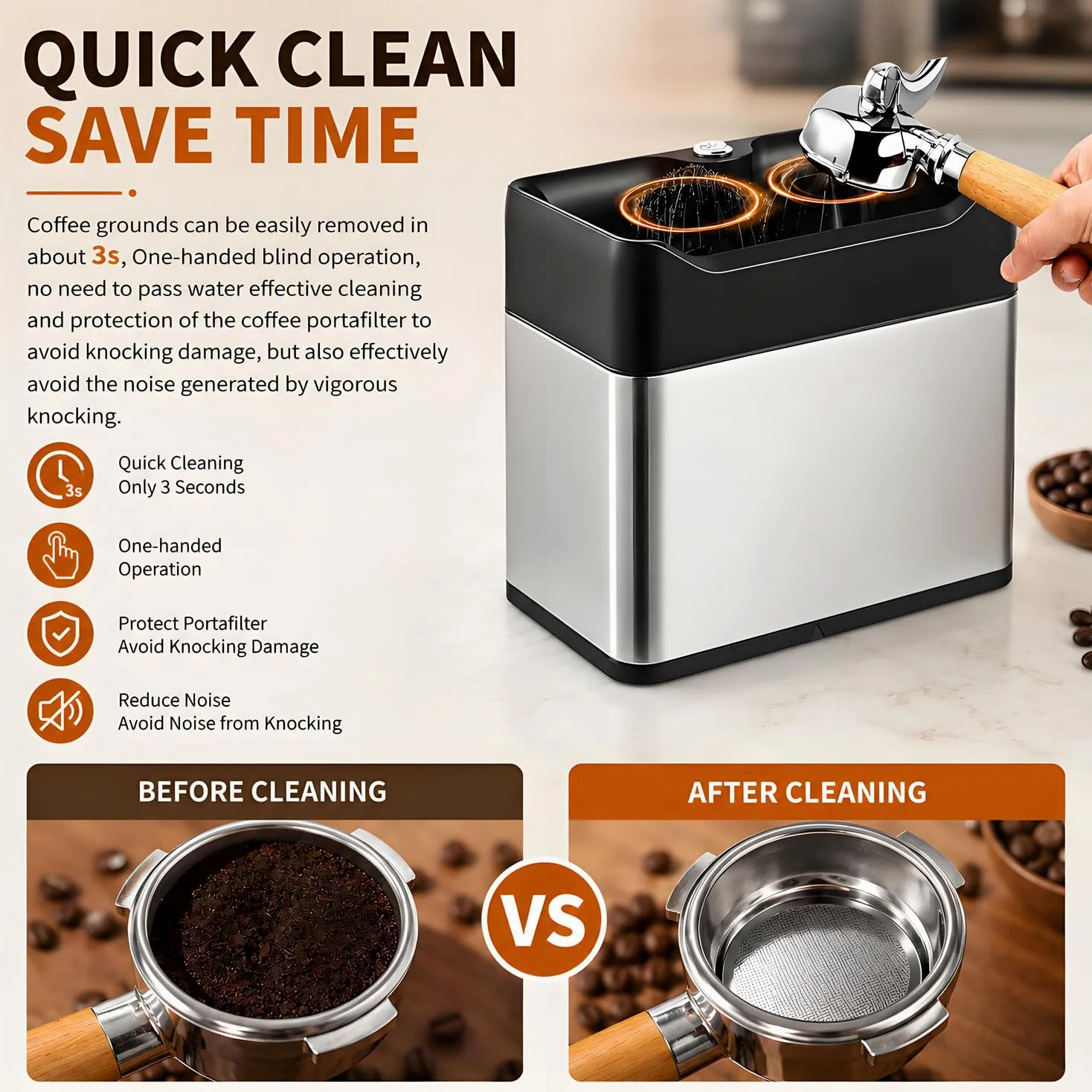 Máquina automática para limpiar restos de café y portafiltros; limpiador eléctrico con 3 raspadores y 2 cabezales de cepillo; capacidad de 3 L, compatible con portafiltros de 51 mm y 58 mm. Black