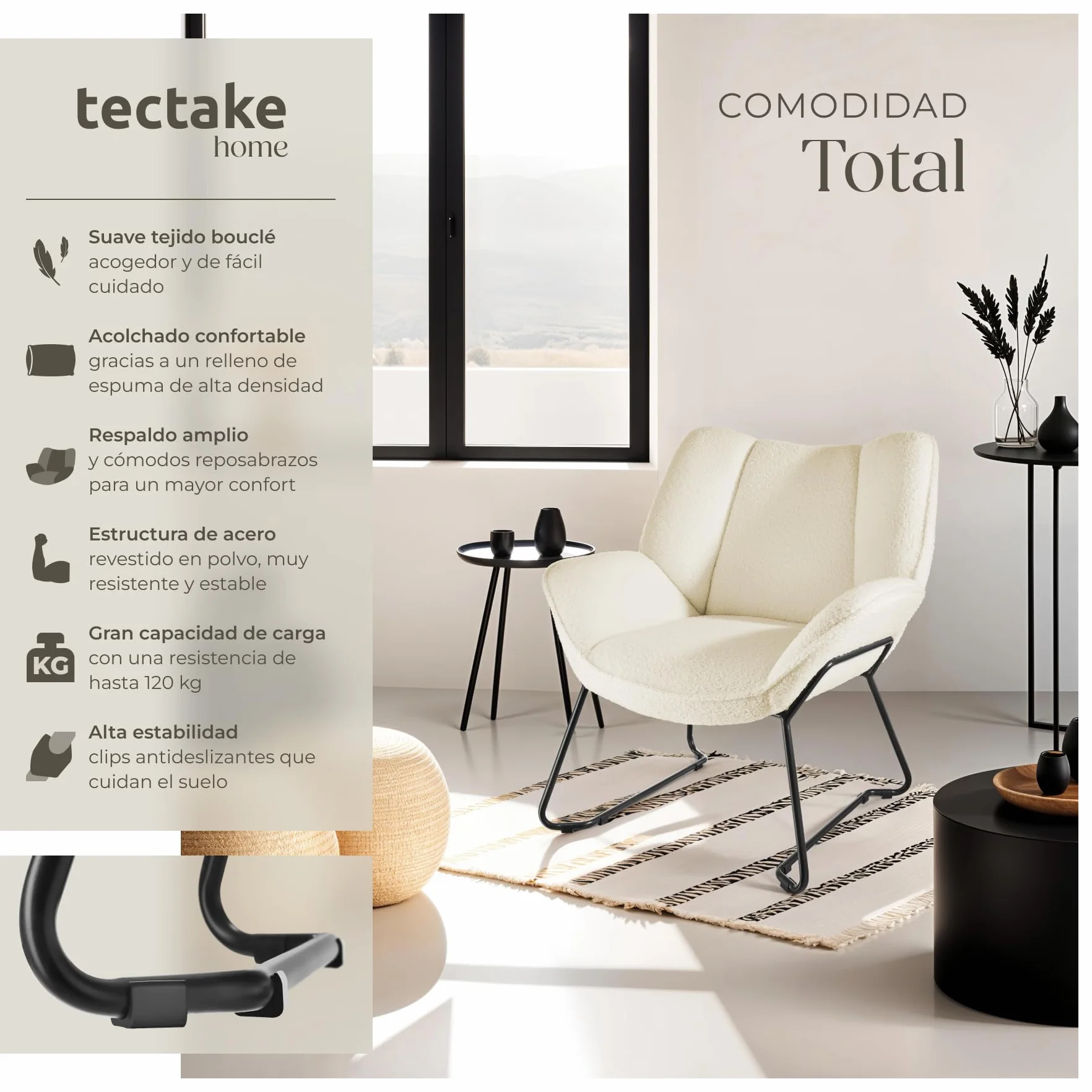 tectake® Sillón de Bouclé Acolchado y Reclinable, Butaca Escandinava con Reposabrazos y Respaldo, Tapizado de Espuma de Alta Densidad, Estructura de Acero con Protección Antideslizante - Crema/Blanco