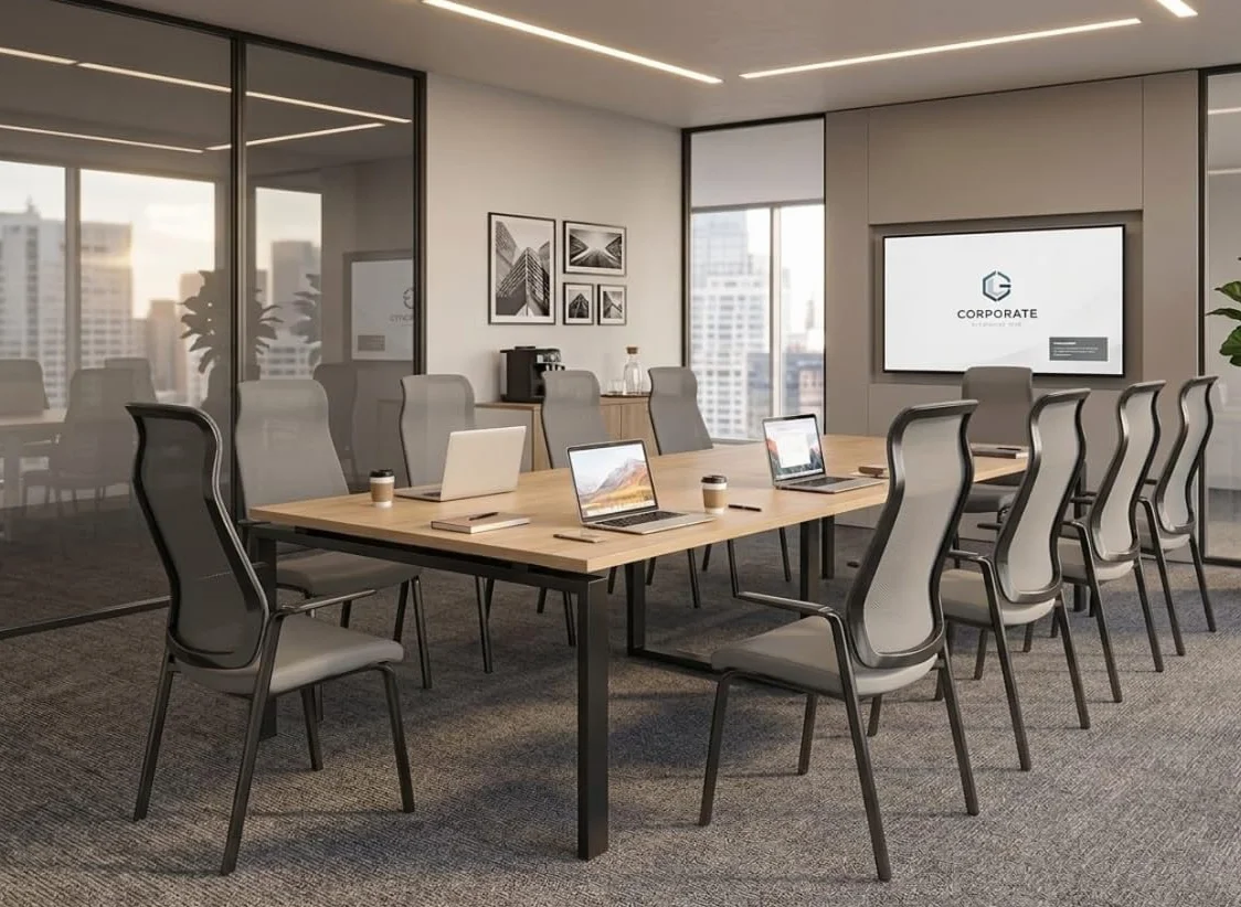 OFILIKE. Mesa de Reuniones y Conferencias para Oficina - Mesa de Juntas Grande con Estructura Metálica Negra y 2 Tableros - Mesa para Sala de Reuniones, Empresas y Negocios 300x120 cm. (Roble)