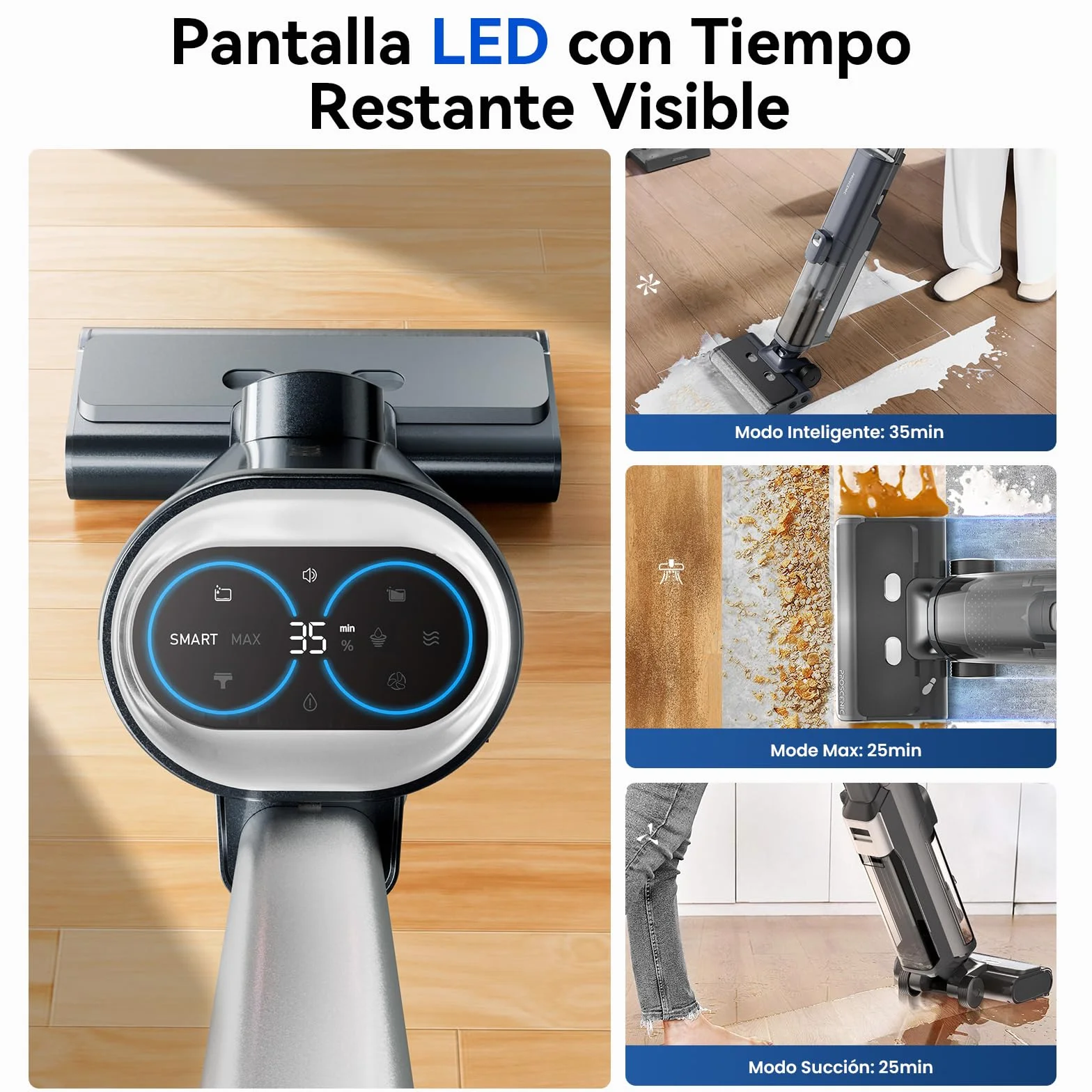 Proscenic F20A Aspirador Escoba sin Cables en Seco y Húmedo,35Min, 2L Tanque Agua, Limpieza de Bordes, Autolimpieza, Secado por Aire Frío, LED Pantalla, Suelos Duros y Pelo de Mascotas