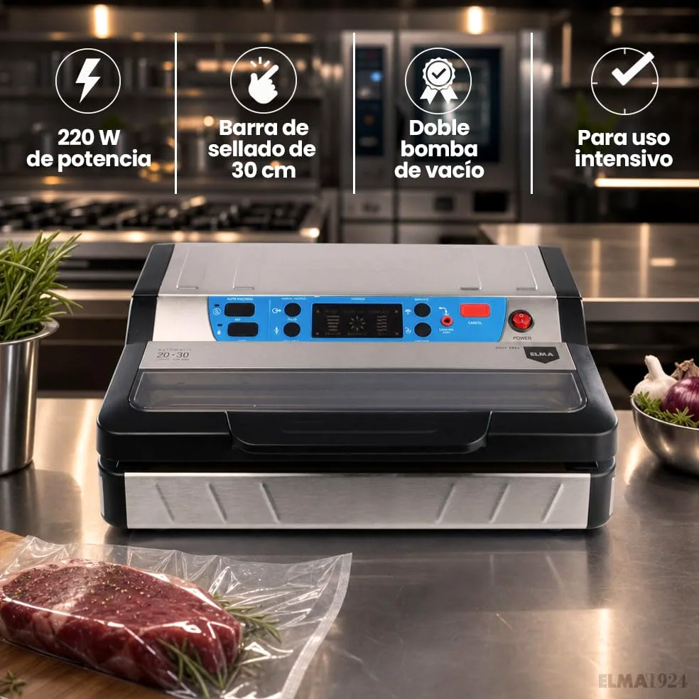 ELMA Envasadora al Vacío Profesional Digit Free | 20 L/min | Acero Inoxidable | Pantalla LED | Sellado MOIST para Húmedos, Función Marinado | Portarrollos con Cutter | Uso Intensivo