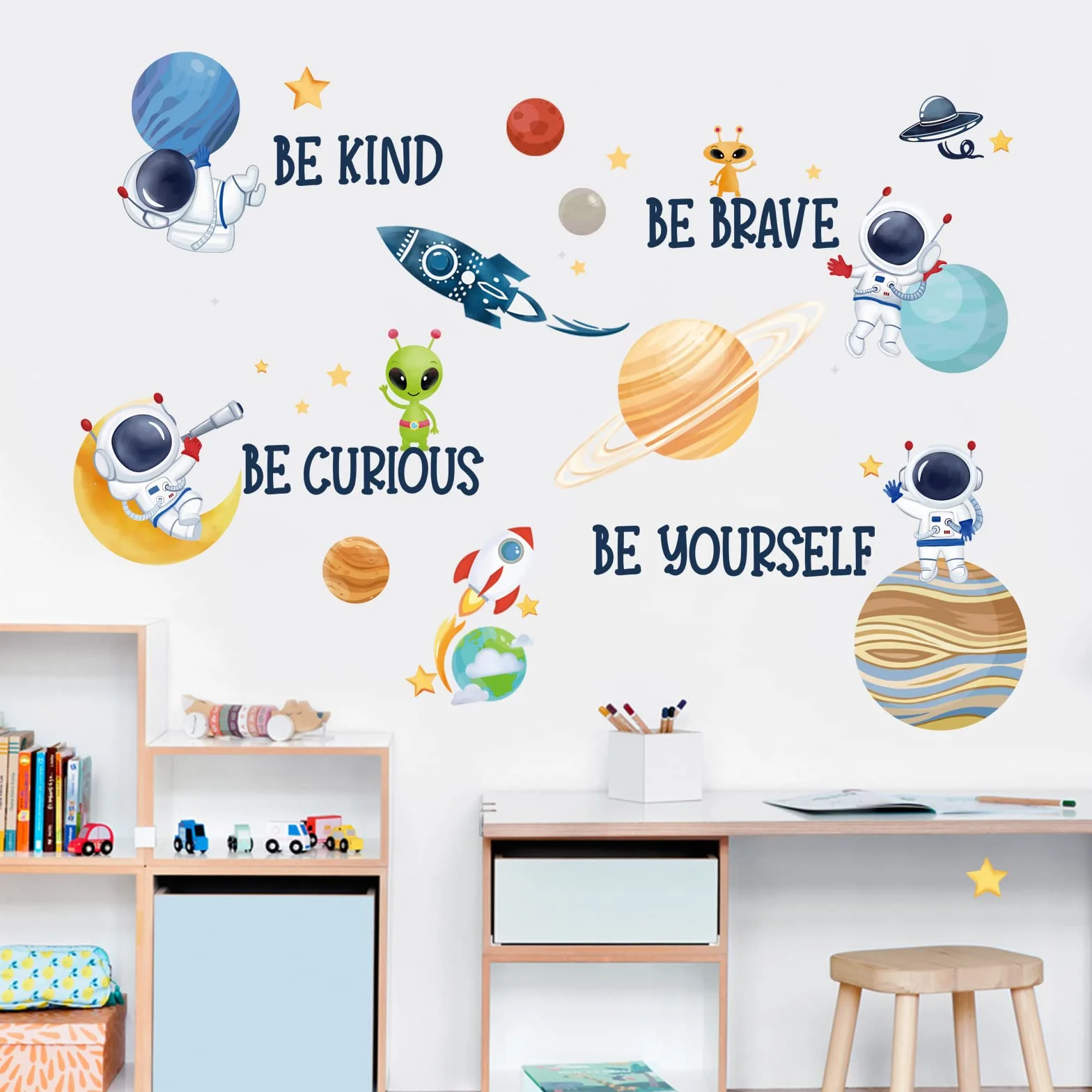 Wondever Pegatinas de Pared Espacio Planetas Adhesivos Decorativos Astronauta Sistema Solar Vinilos para Habitación Niño Bebés Dormitorio Guardería