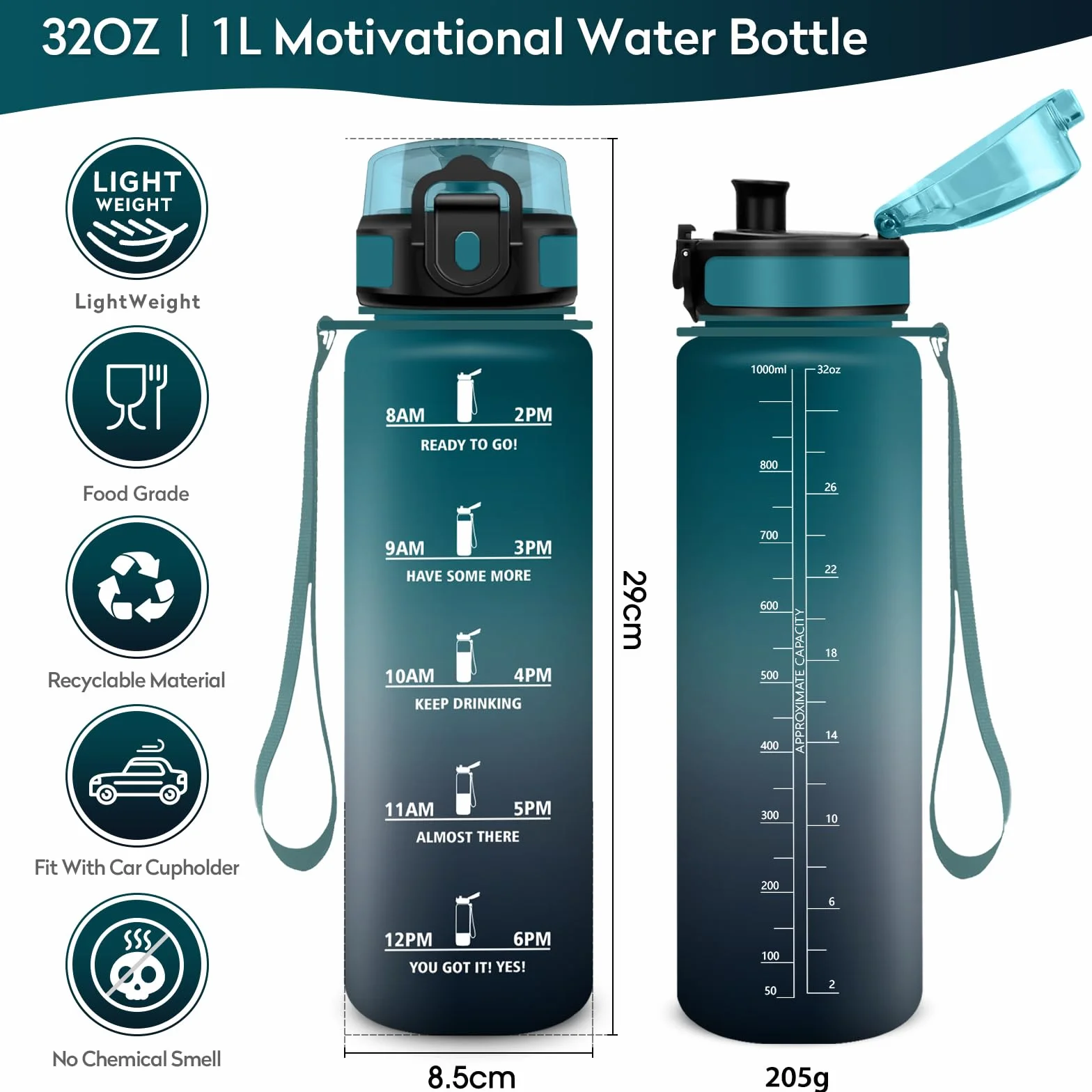 Botella Agua con Filtro 1L sin BPA, Cantimplora Deportiva con Marca de Tiempo Reutilizable