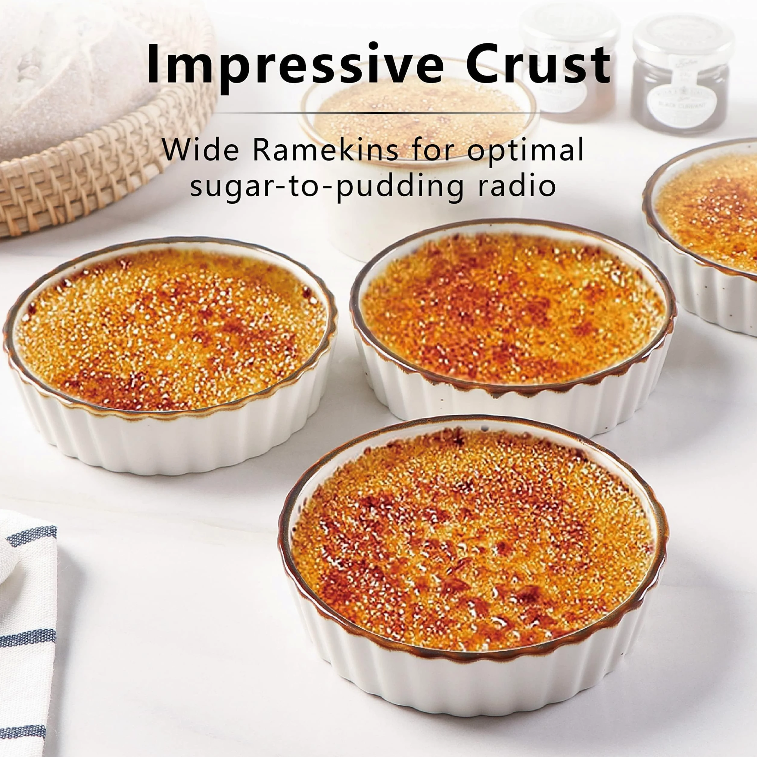 ONEMORE Cerámica poco profunda Ramekin Verti Line, color blanco crema juego de 6