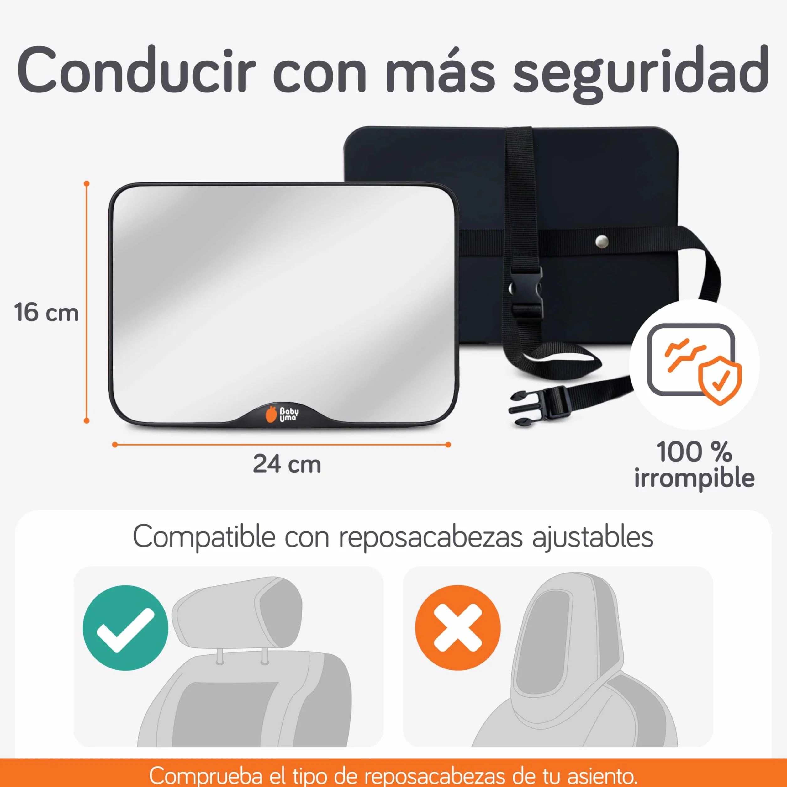 Espejo Coche Bebe Asiento Trasero Baby Uma - 24 x 16 cm, Vista Clara, Prueba de Roturas, Hebillas Ajustables